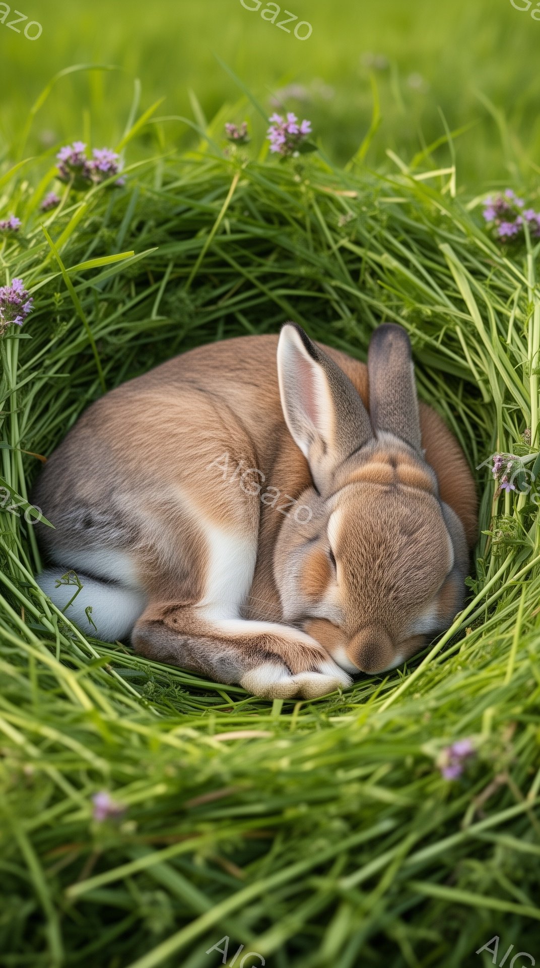 緑の草むらの中で、茶色と白のウサギが丸まって眠っています。その表情は穏やかで、リラックスした雰囲気です。周りには小さな紫色の花が咲き、自然の中で安らぎを感じさせます。 - AI生成フリー素材