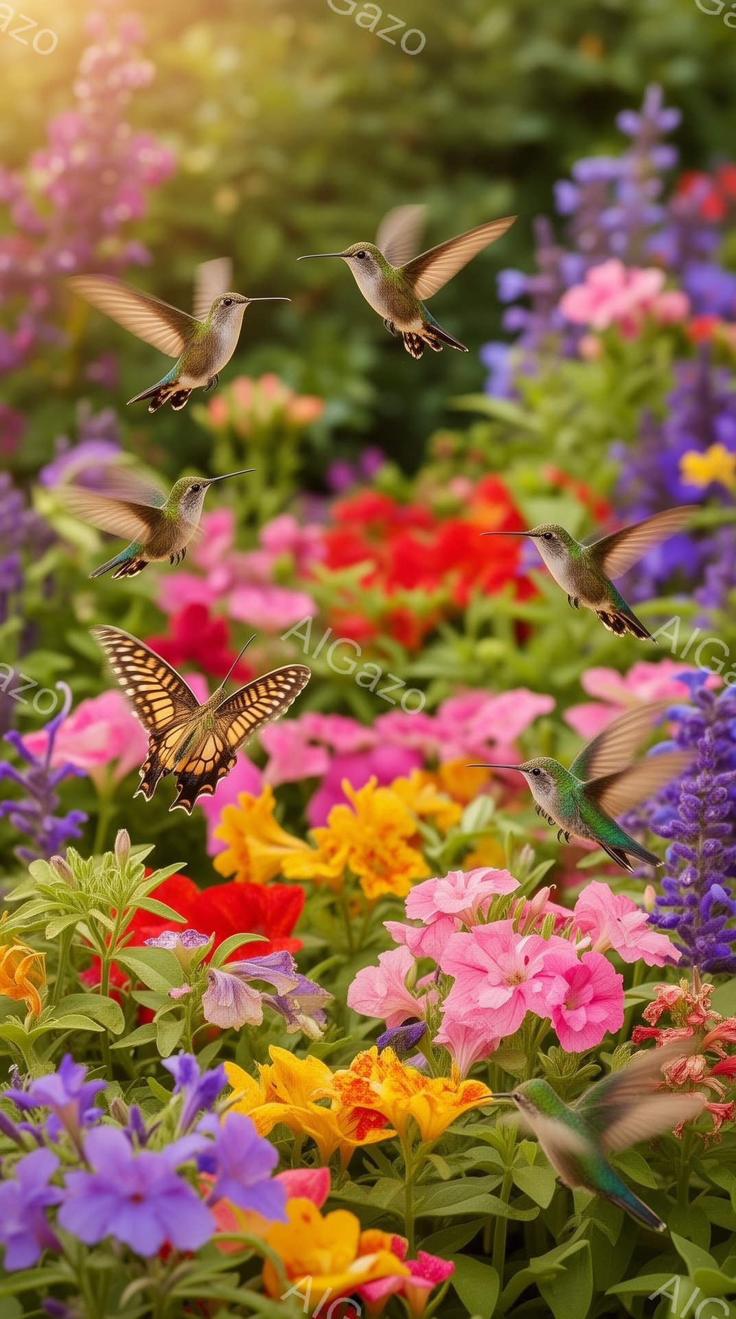 色とりどりの花々が咲き乱れる花壇の中で、複数のハチドリが蜜を求めて飛び回っている。鮮やかな色彩と躍動感あふれる姿が、夏の生命力を感じさせる。背景には緑豊かな植物が広がり、穏やかで明るい雰囲気を醸し出し - AI生成フリー素材