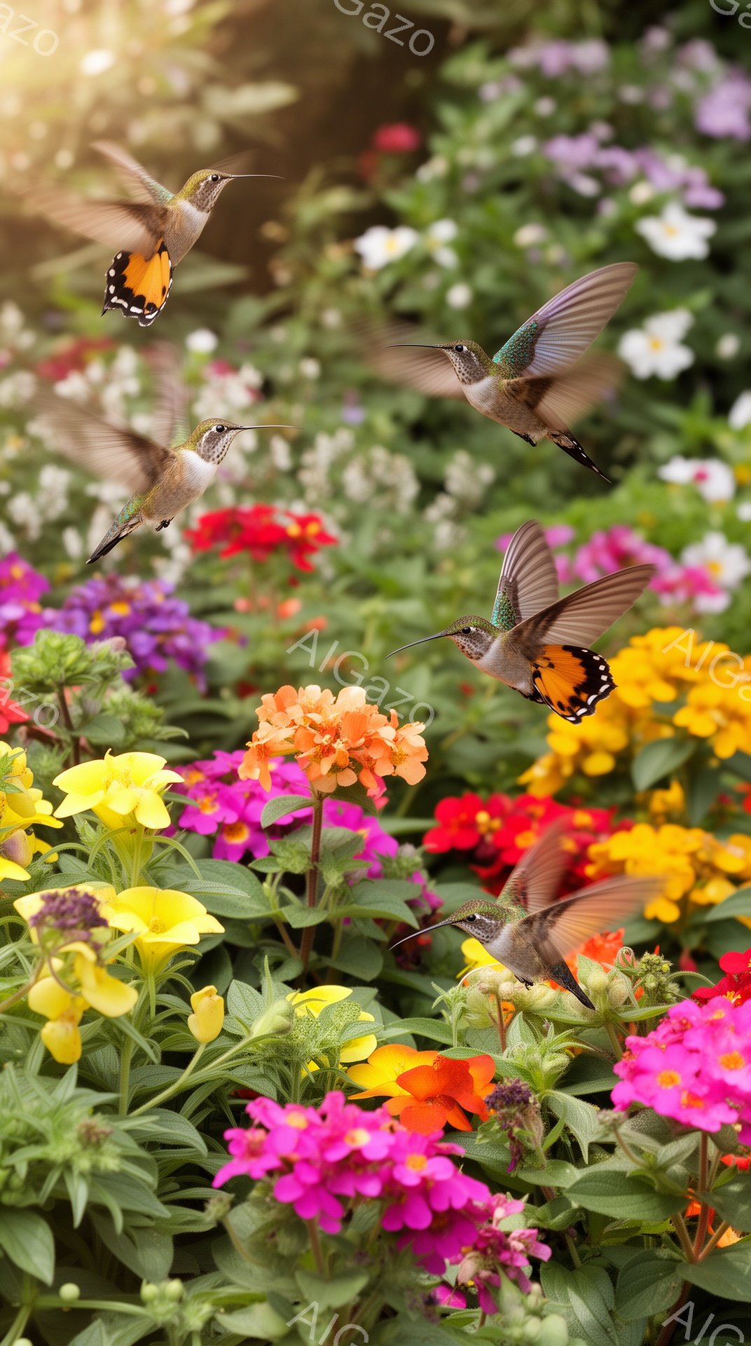 色鮮やかな花々の中で、複数のハチドリが蜜を求めて飛び回っています。背景の花壇は多様な色で埋め尽くされ、生き生きとした自然の風景を作り出しています。光が差し込み、全体的に明るく、活気のある雰囲気が漂って - AI生成フリー素材