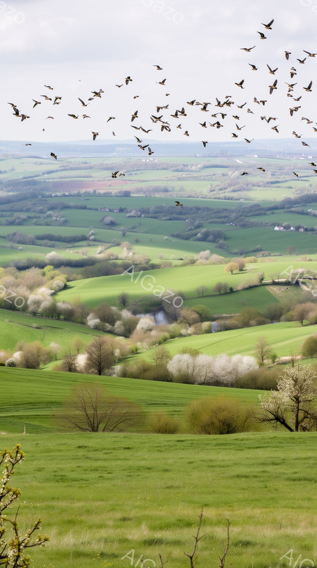 広大な緑の丘陵地帯が広がり、空には群れをなした鳥が飛んでいる。白い花を咲かせた木々が点在し、春の穏やかな風景が目に浮かぶ。遠くの地平線には、小さく見える建物や集落が確認できる。