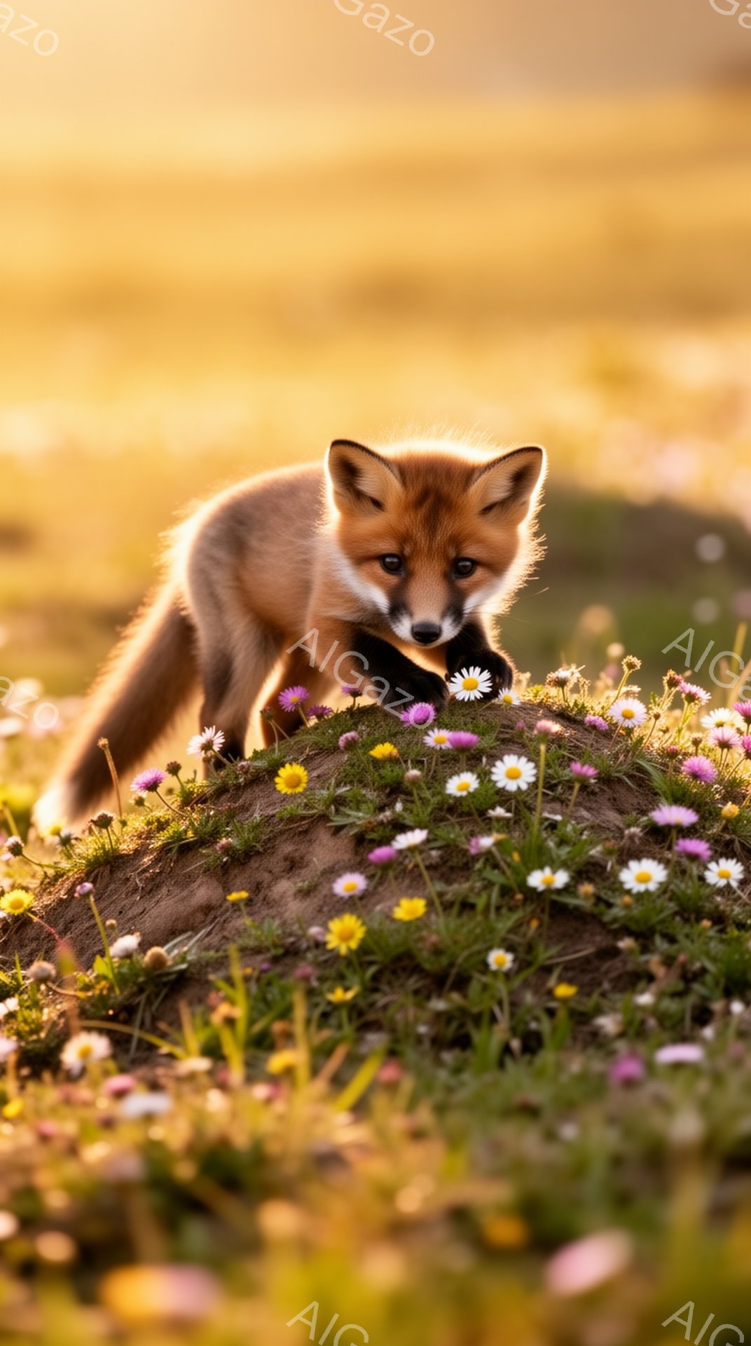 明るい日差しが降り注ぐ草原で、小さなキツネが花々の咲く丘の上に立っている。キツネは好奇心旺盛な表情で、何かを見つめているようだ。背景には広大な草原が広がり、暖かく穏やかな雰囲気が漂っている。