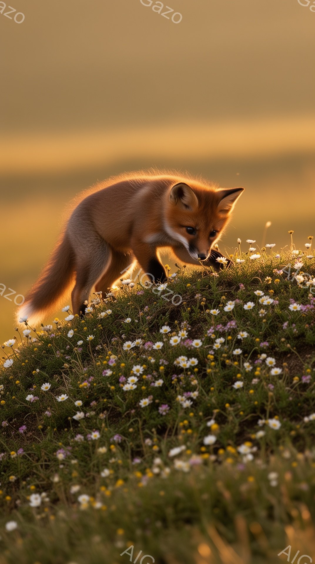 明るい夕焼けを背景に、キツネが野原の草むらの中で何かを探しています。鮮やかなオレンジ色の毛並みが目に付き、白い尻尾が可愛らしいです。野原には様々な色の小さな花々が咲き乱れ、暖かく穏やかな雰囲気を醸し出 - AI生成フリー素材