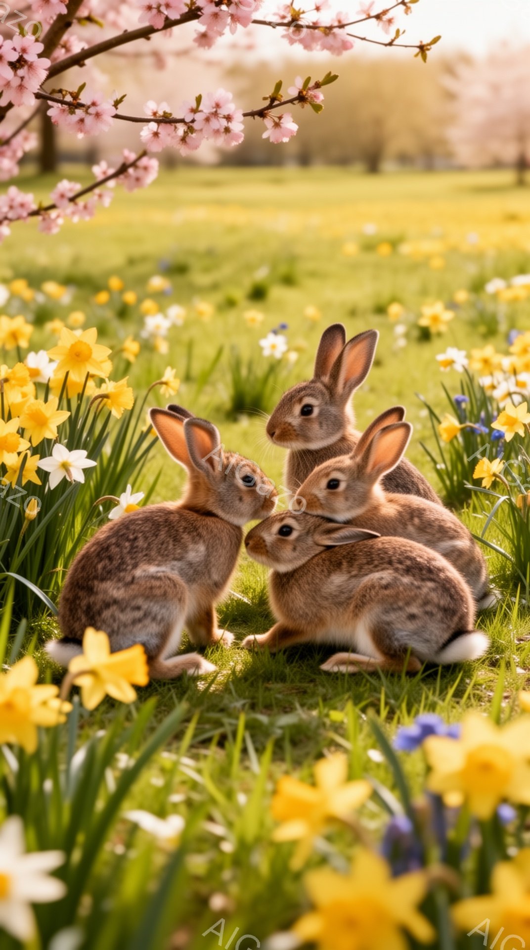 鮮やかな黄色い花々が咲き乱れる緑の草原で、四匹の可愛らしい茶色のウサギたちが集まっている。ウサギたちは互いに身を寄せ合い、穏やかで平和な春の日の雰囲気を醸し出している。背景には桜の木があり、暖かく優し - AI生成フリー素材