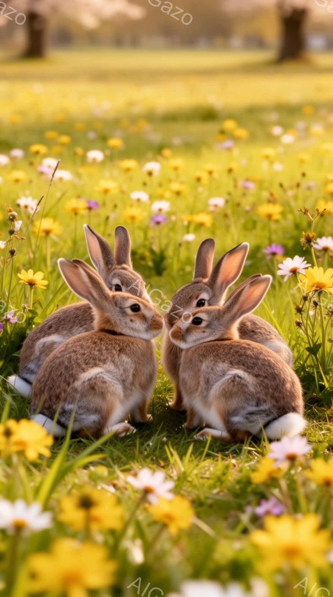 広々とした草原で、可愛らしい子ウサギたちが集まっています。黄色や白の花々が咲き乱れ、暖かく穏やかな春の雰囲気を感じられます。ウサギたちは互いに向き合い、まるで話しているかのように見えます。 - AI生成フリー素材