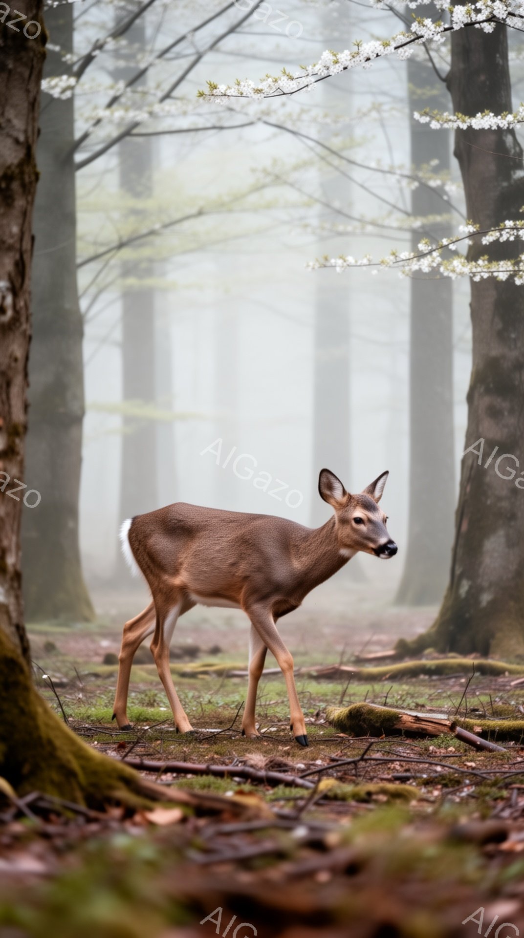 森の中でシカが草の上に立っています。背景は霧に包まれ、木々の間に春の桜の花が咲いています。穏やかな雰囲気で、自然の美しさが際立っています。 - AI生成フリー素材