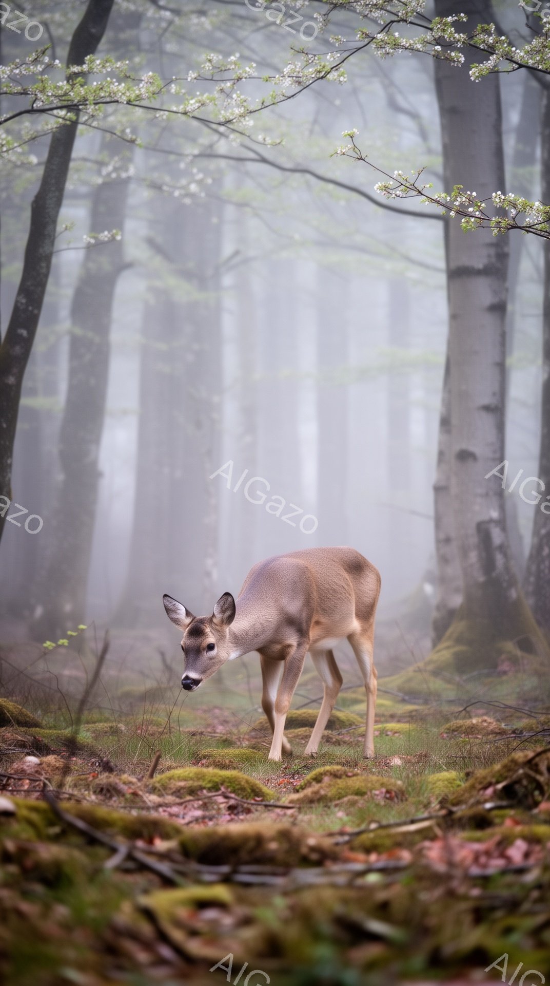 霧深い森の中で、若いシカが草の上に立っている。周囲は苔や落ち葉で覆われ、春の訪れを告げる白い花が咲き乱れている。 シカは静かに何かを警戒しているような、慎重な表情をしている。 - AI生成フリー素材