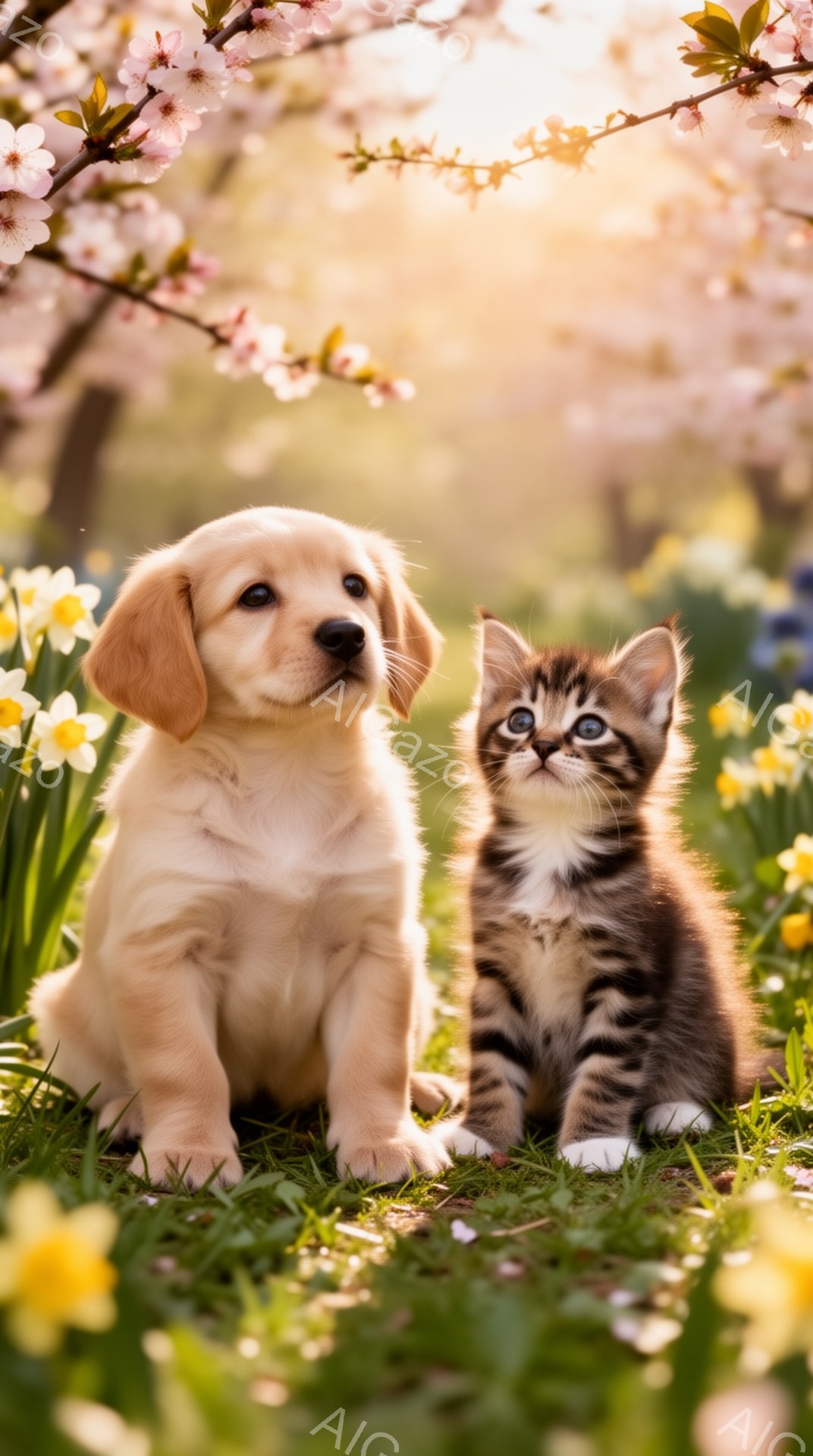 春の穏やかな日差しの中で、ゴールデンレトリバーの子犬とキジトラの猫が寄り添って座っています。周りには鮮やかな黄色の花が咲き乱れ、背景には桜の木がぼんやりと見え、暖かく優しい雰囲気が漂っています。小さな - AI生成フリー素材