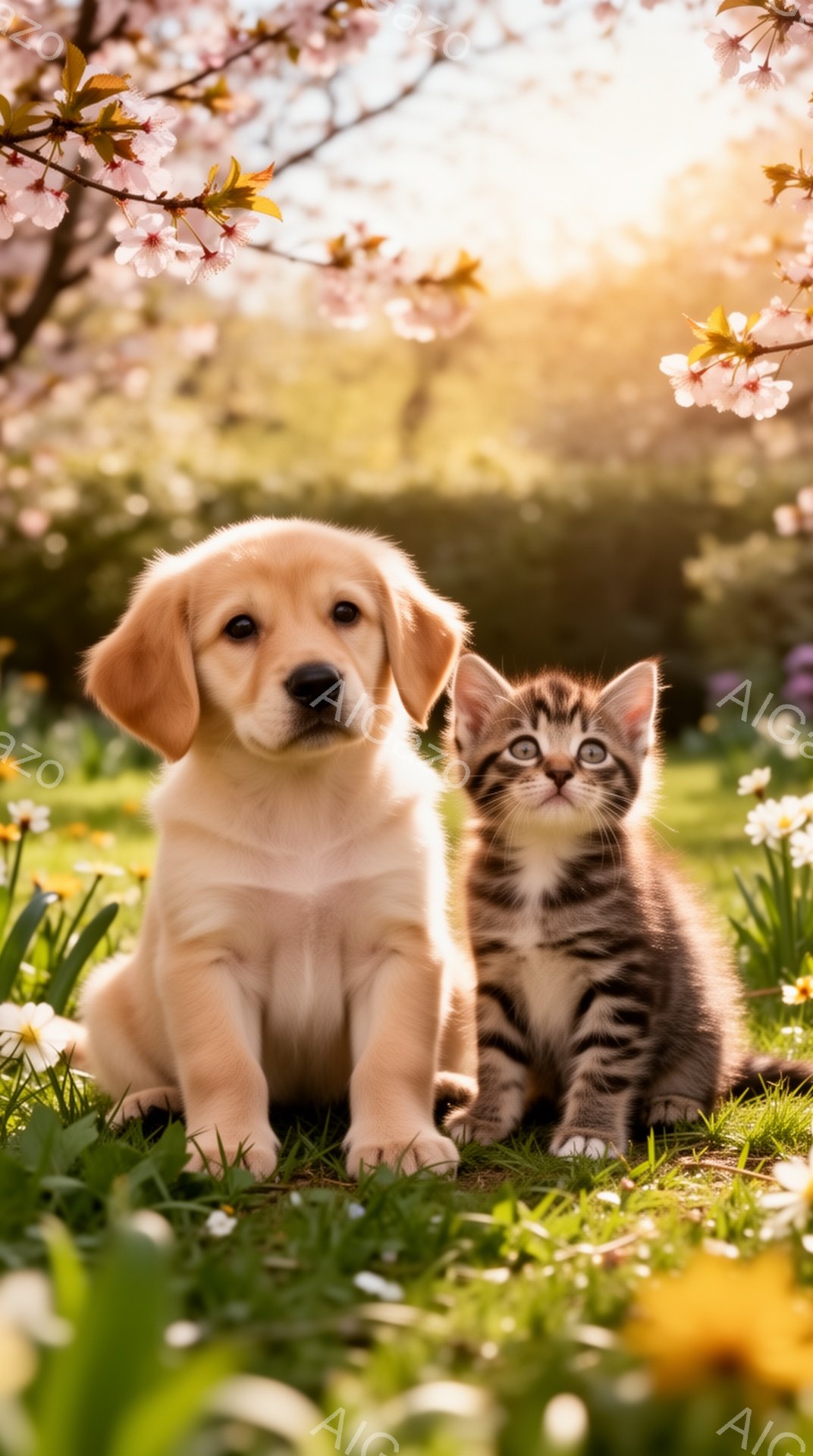春の穏やかな日差しの中で、ゴールデンレトリバーの子犬と子猫が寄り添って座っています。周りには黄色と白の可愛らしい花々が咲き乱れ、背景には桜の木が見えます。暖かく優しい雰囲気の、心安らぐ光景です。 - AI生成フリー素材