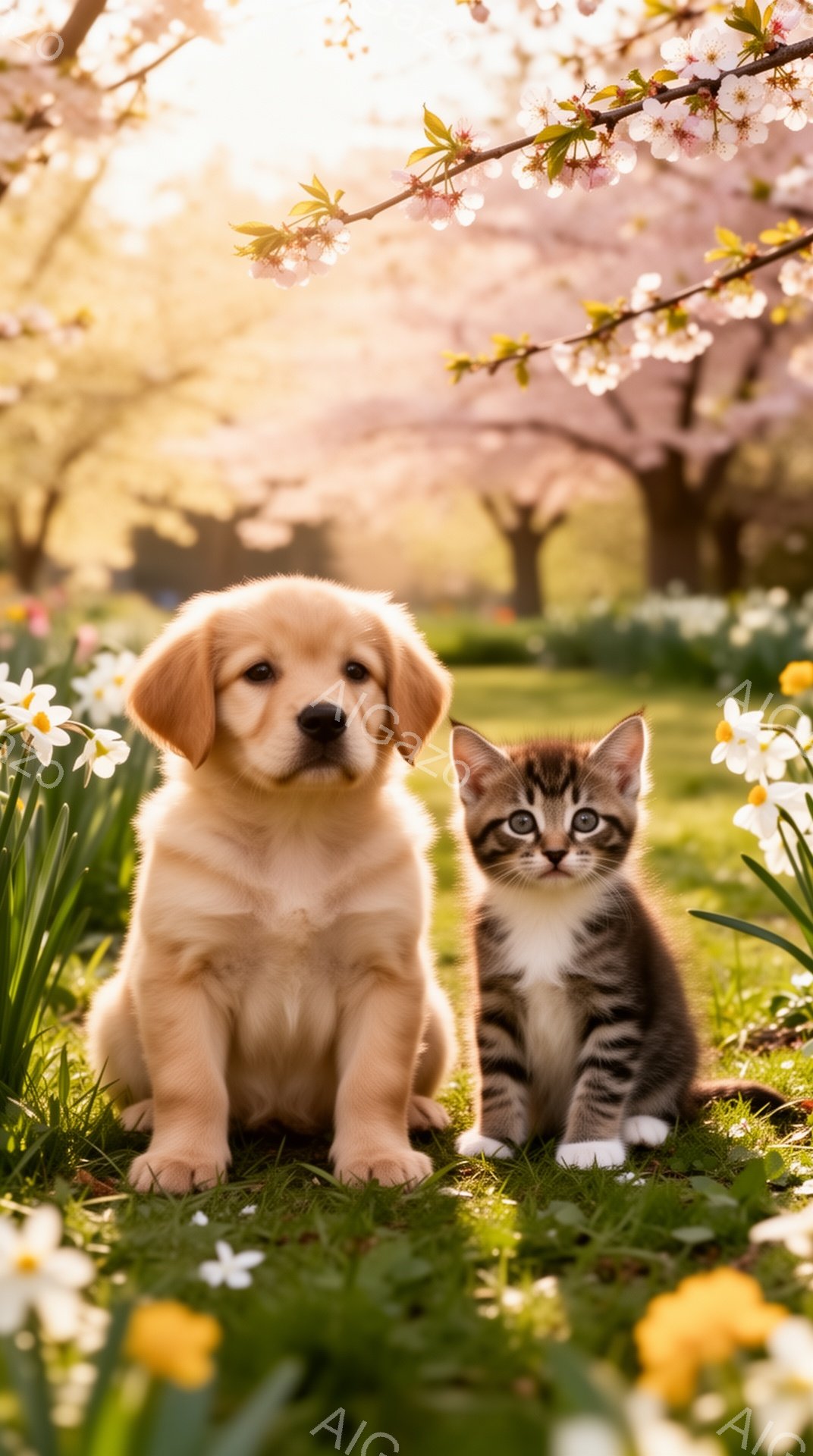 鮮やかな春の庭で、ゴールデンレトリバーの子犬とサビ猫の子猫が寄り添って座っています。背景には桜の木が咲き誇り、黄色い花が咲き乱れ、暖かく穏やかな雰囲気が漂っています。子犬と子猫は好奇心旺盛な表情で、穏 - AI生成フリー素材