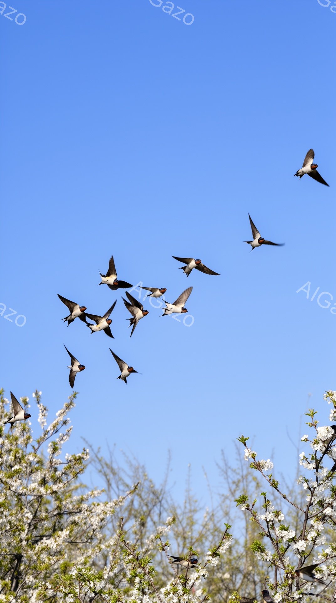 空にはツバメが群れをなして飛び交っており、下には桜の木が咲き誇っています。青空を背景に、春の暖かさと生命力に満ちた、美しい情景が広がります。桜の花びらが舞い、ツバメの躍動的な動きと相まって、希望に満ちた雰囲気を醸し出しています。