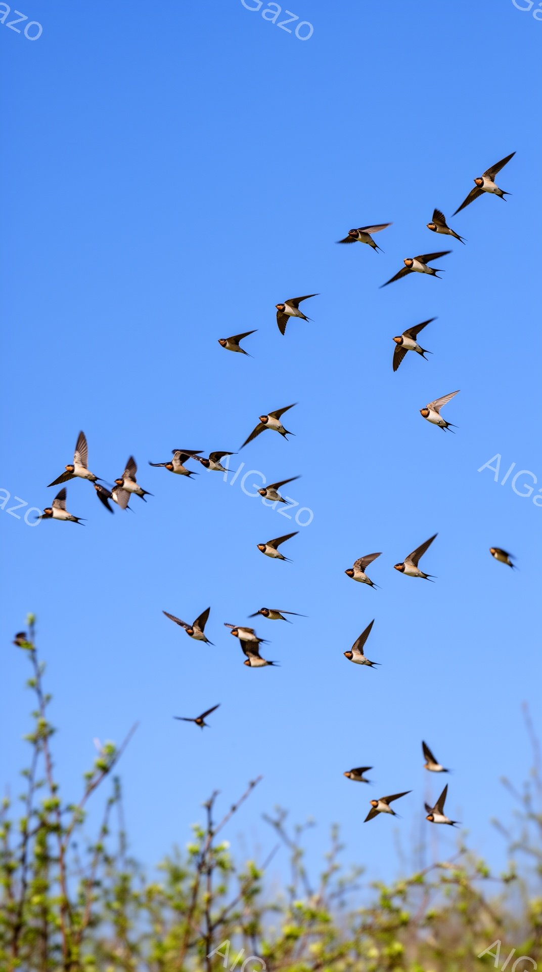 青空をたくさんのツバメが飛び交っている様子が捉えられています。下には緑の植物がかすかに見え、春の暖かさを感じさせる一枚です。群れで飛ぶツバメの姿は、生命力と自由を象徴しているようです。 - AI生成フリー素材