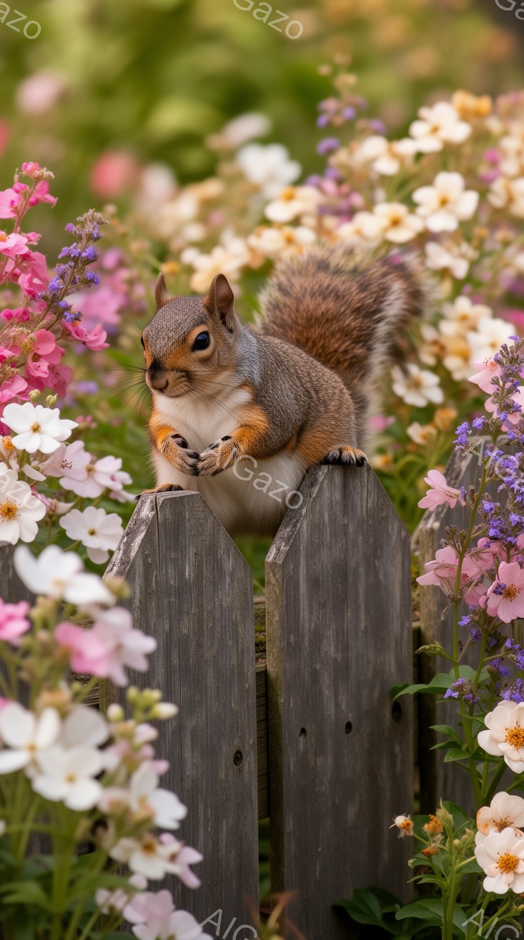 柵に座ってこちらを見ているリスが写っています。周囲にはピンクや白の花が咲き乱れ、暖かく柔らかな光が降り注いでいます。自然の美しさとリスの可愛らしさが調和した、穏やかな雰囲気の写真です。 - AI生成フリー素材