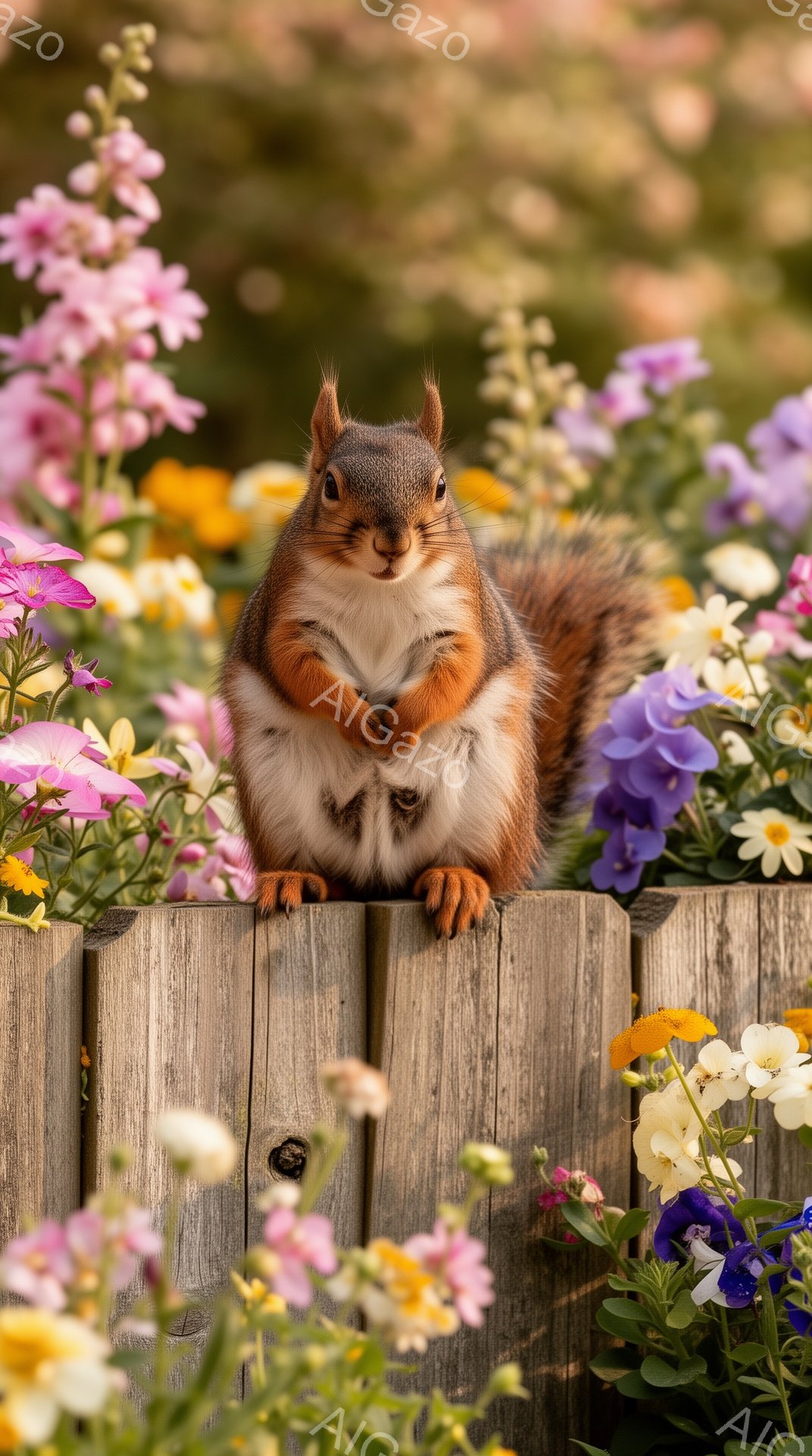 リスが木製の柵の上に立ち、正面を見つめています。周囲はピンクや黄色などの花で満開で、春の暖かな日差しを感じさせる穏やかな雰囲気です。リスの毛並みは鮮やかで、可愛らしい姿が印象的です。