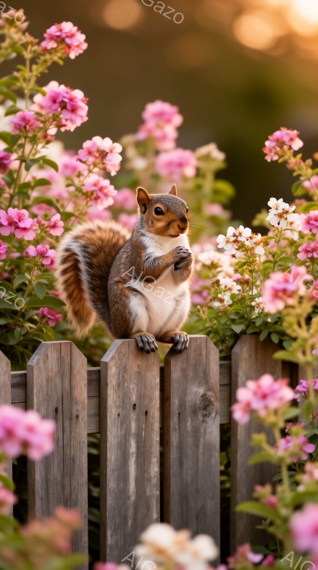 リスが木の柵の上に座り、前足で何かを握っています。背景にはピンク色の花が咲き乱れ、穏やかで暖かい雰囲気の風景です。リスは少しいたずらっぽい表情で、こちらを見ているようです。 - AI生成フリー素材