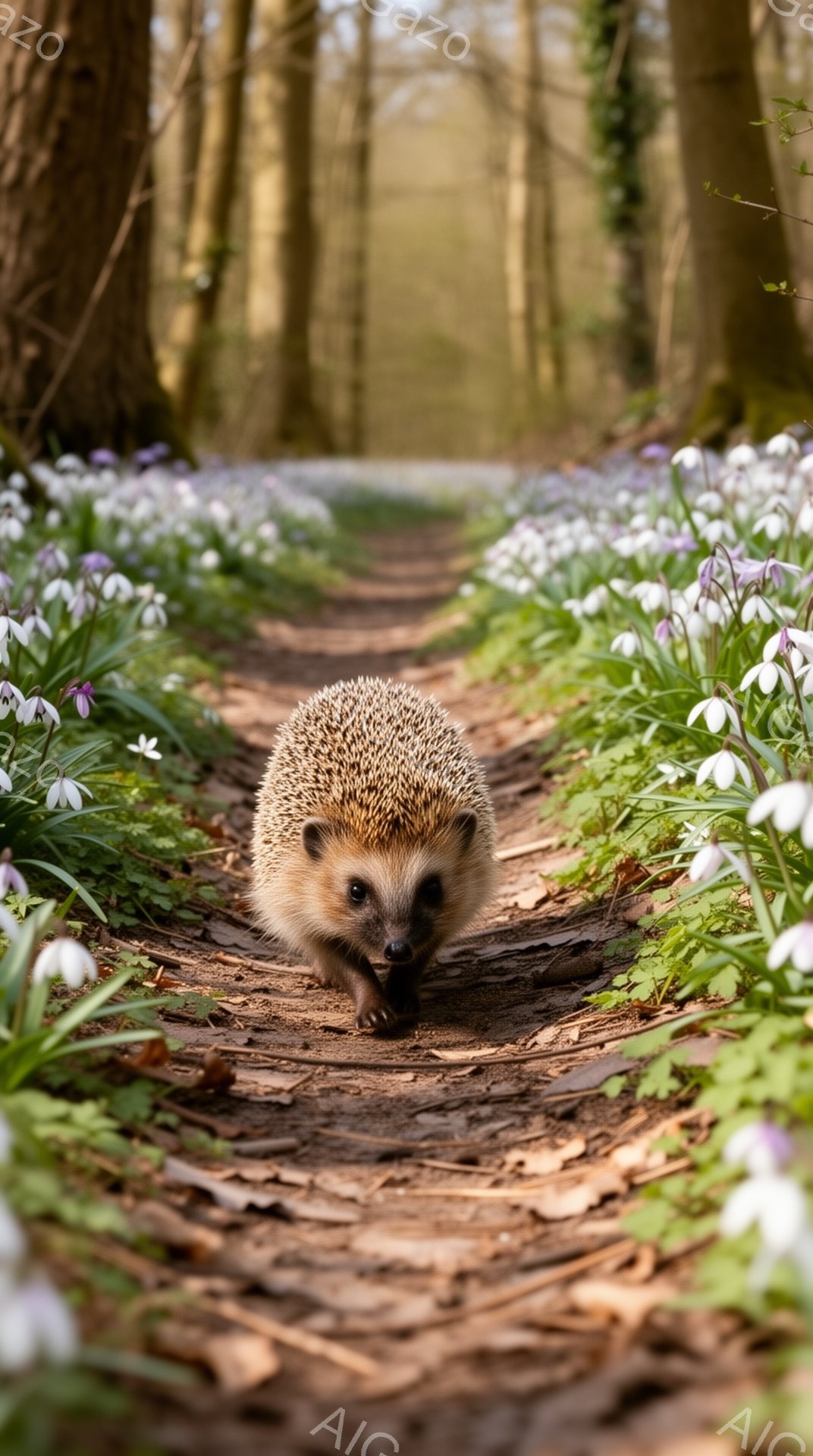森の小道にハリネズミが歩いている。両脇に白い花が咲き乱れ、春の暖かさを感じさせる。焦点が浅く、背景がぼやけており、ハリネズミが際立っている。 - AI生成フリー素材