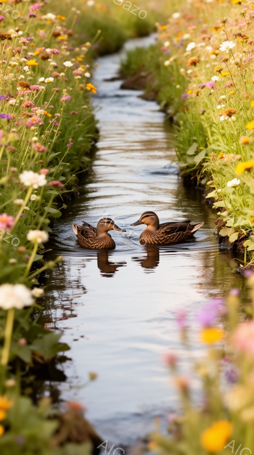 色とりどりの野花が咲き乱れる小川を、二羽の鴨が並んで泳いでいる。水面には鴨たちの姿が映り込み、周囲の花々と共に美しい風景を作り出している。穏やかな雰囲気で、自然の息吹を感じさせる一枚だ。 - AI生成フリー素材