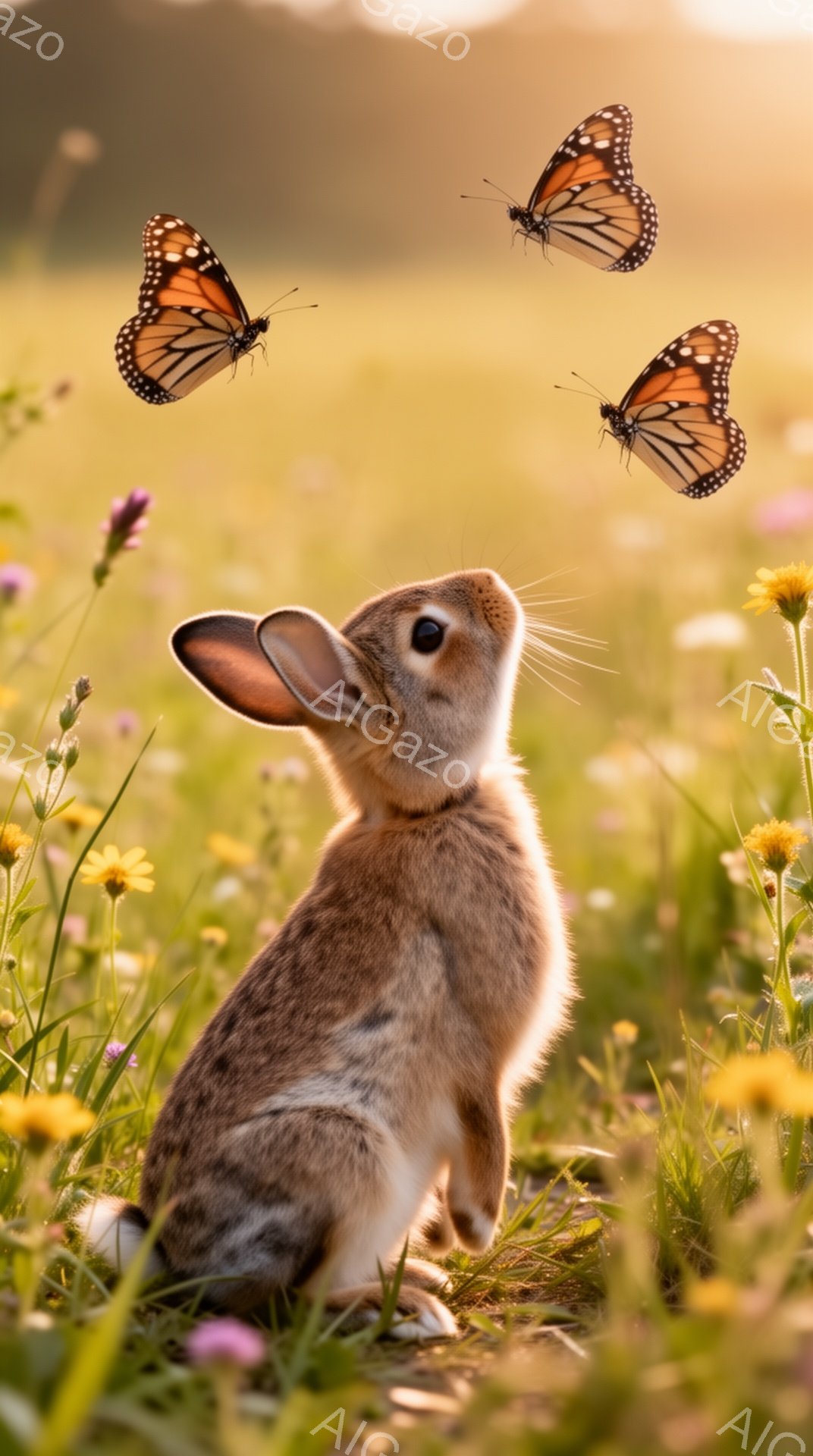広野に佇むうさぎが、黄色い花々と蝶に囲まれて穏やかな時間を過ごしている。暖かく柔らかな光が降り注ぎ、春の野原の静けさと生命力を感じさせる。うさぎは希望に満ちた眼差しで、何かを見つめているようだ。 - AI生成フリー素材