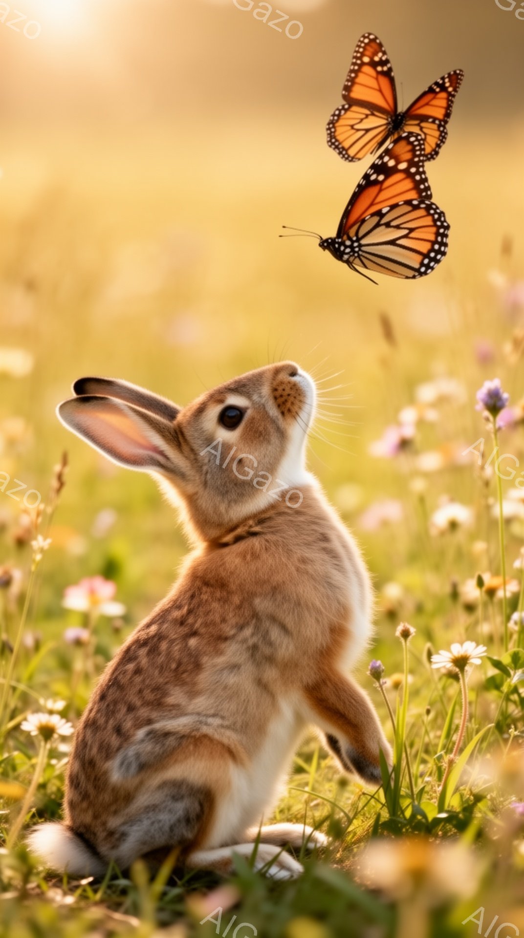 草原の中で、うさぎが立ち上がって蝶を見上げています。背景は明るい太陽光に照らされた花でいっぱいの野原で、暖かく穏やかな雰囲気です。そのうさぎは好奇心に満ちた表情で、自然の中で穏やかな瞬間を捉えています - AI生成フリー素材
