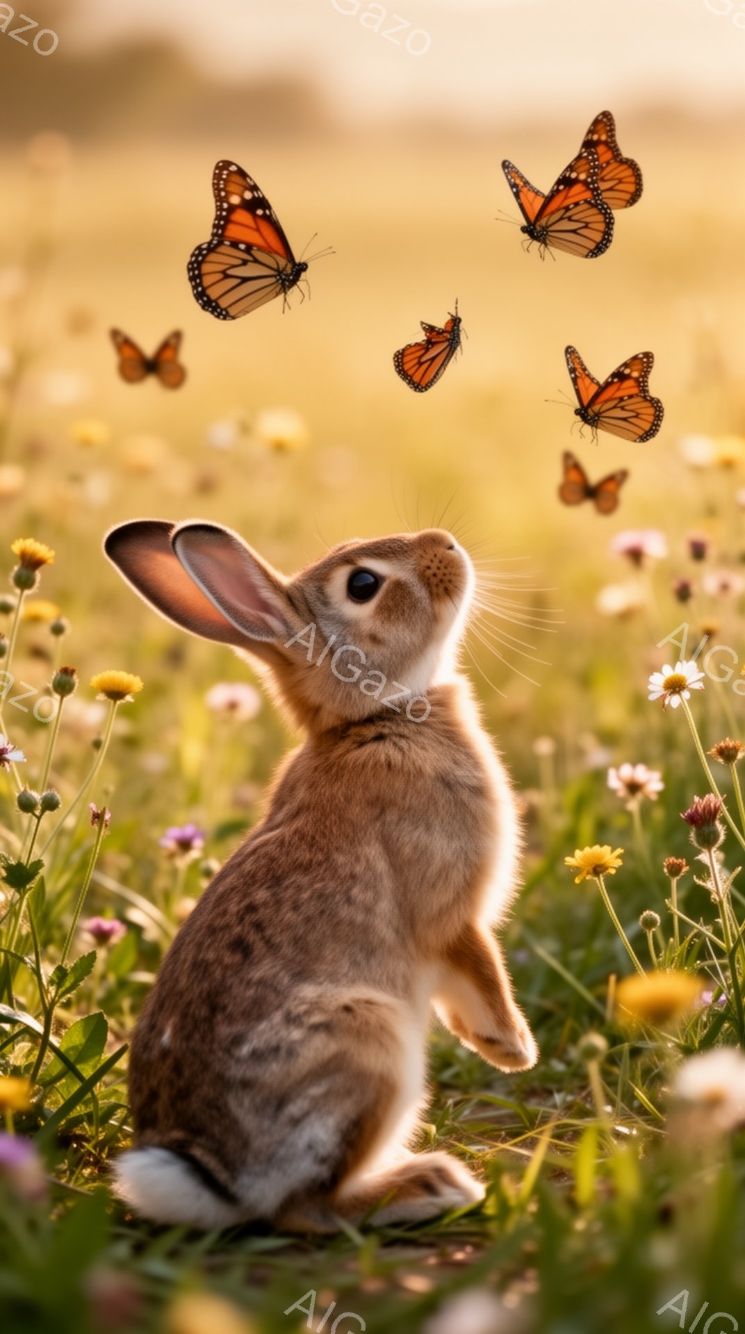緑豊かな草地のなかで、かわいらしい茶色のウサギが蝶を追いかけて立っています。周りにはカラフルな野花が咲き乱れ、暖かい日差しが降り注いでいます。優しく穏やかな雰囲気の、自然豊かな風景です。