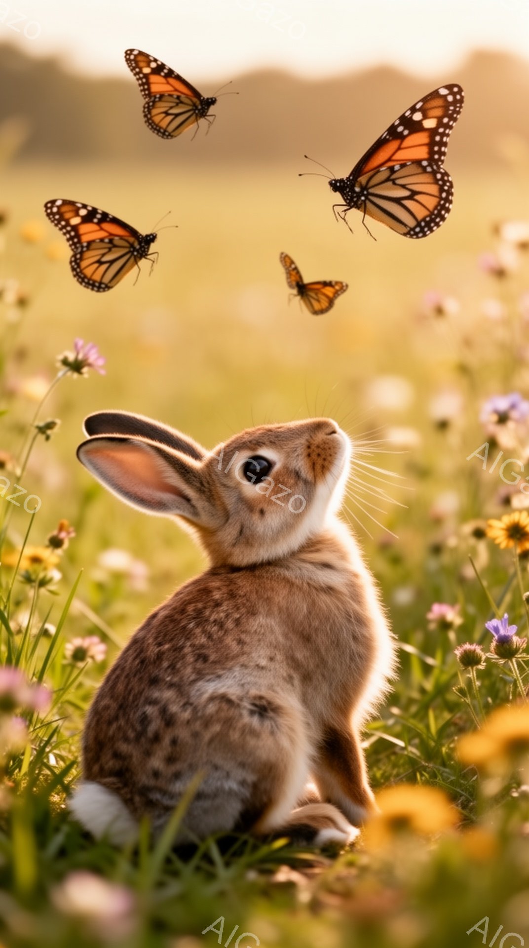 広野に咲く黄色い花々と緑の草の中で、茶色のウサギが空を舞う蝶を見上げています。夕暮れ時の柔らかい光が、全体を暖かく包み込み、穏やかで牧歌的な雰囲気を醸し出しています。蝶とウサギの組み合わせが、自然の美 - AI生成フリー素材