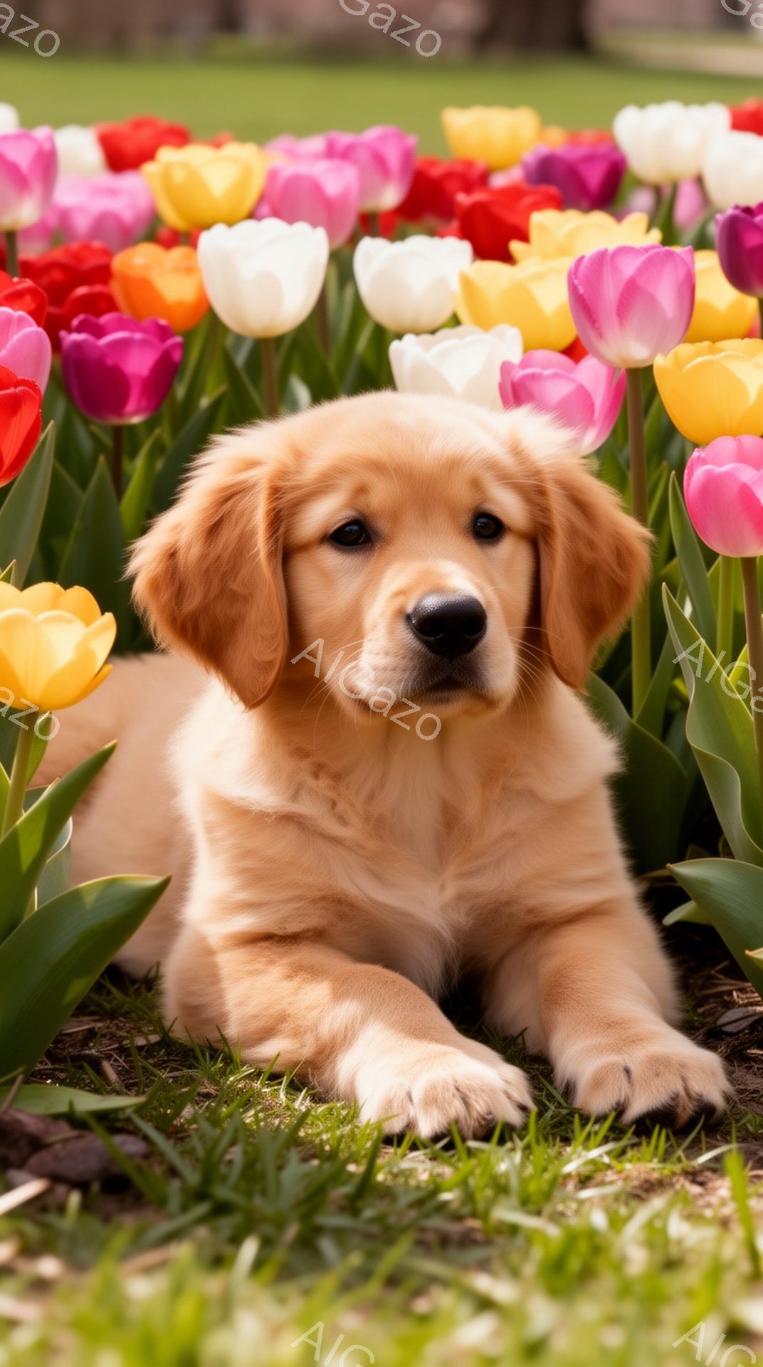 明るい庭で、金色の毛並みの子犬がひまわりやチューリップなどのカラフルな花に囲まれて横たわっています。子犬は前足を伸ばし、穏やかな表情でカメラを見つめており、周りの花とのコントラストが鮮やかです。春の暖 - AI生成フリー素材