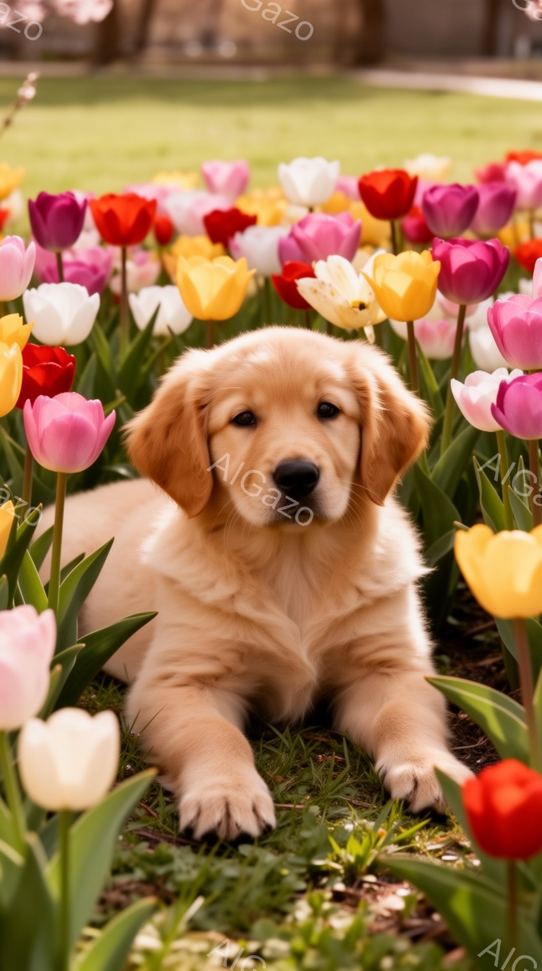 チューリップ畑に横たわるゴールデンレトリバーの子犬が写っています。子犬はリラックスした様子で、柔らかい毛並みが春らしい色とりどりの花々と調和しています。背景には緑の草むらが広がり、穏やかで可愛らしい雰 - AI生成フリー素材
