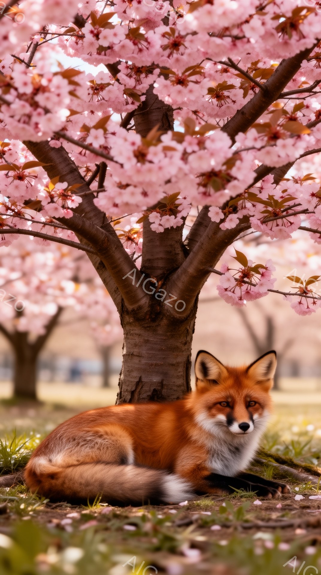 オレンジ色のキツネが桜の木の根元でリラックスして座っている。周りには桜の花びらが散り、春の穏やかな雰囲気が漂う。背景には他の桜の木々が見え、鮮やかなピンク色が美しい。 - AI生成フリー素材