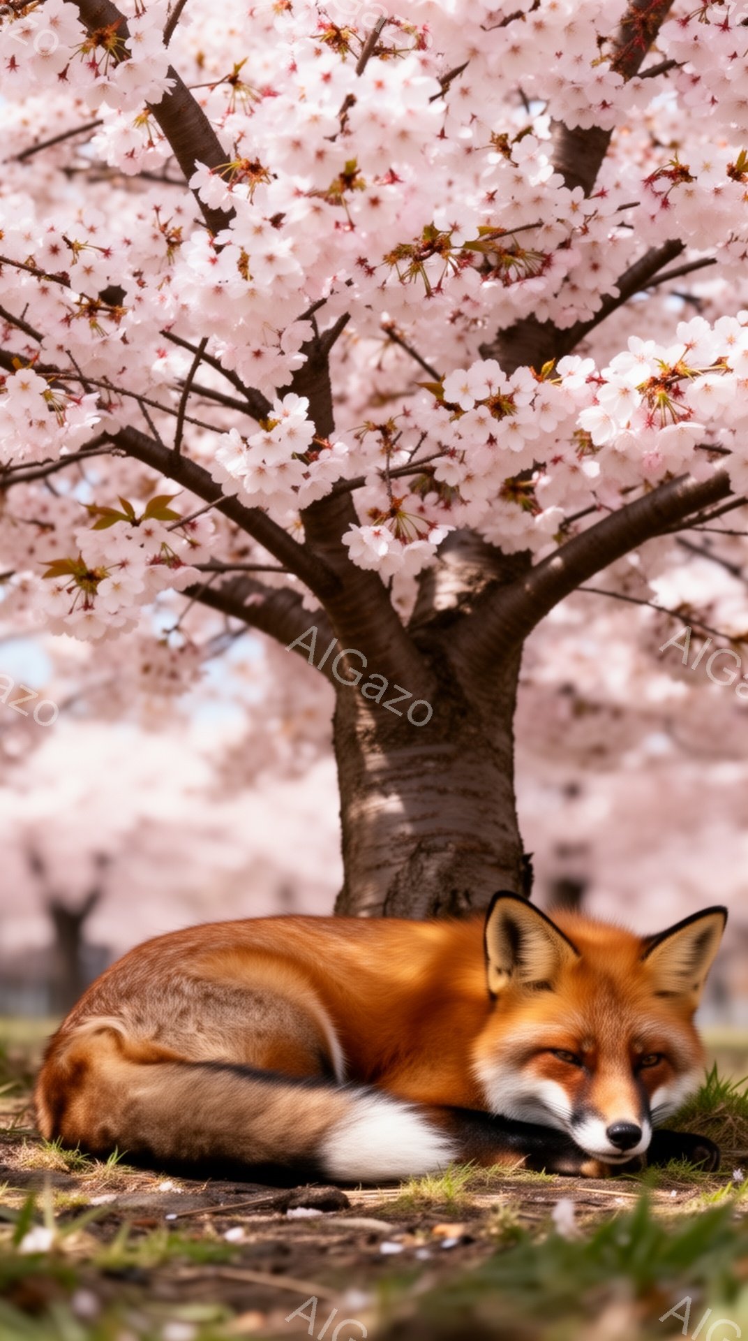 桜の木の下で、オレンジ色のキツネが丸まって眠っています。周りには桜の花びらが散りばめられ、春の穏やかな雰囲気を醸し出しています。キツネの毛並みは艶やかで、暖かく優しい光が当たっています。 - AI生成フリー素材
