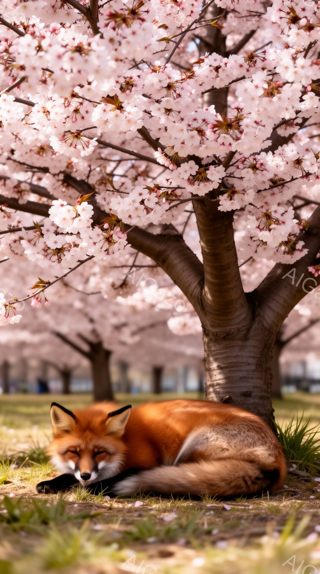 桜の木の根元で、一匹の狐が丸まって眠っています。毛並みは鮮やかなオレンジ色で、緑の草の上に暖かく映えます。背景には、満開の桜の花が咲き乱れ、春の穏やかな雰囲気を醸し出しています。 - AI生成フリー素材