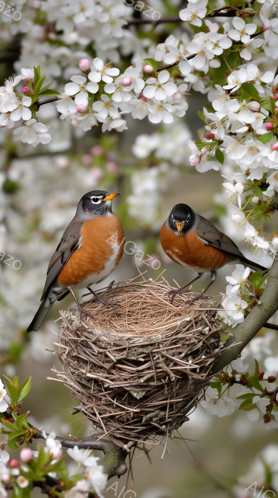 小さな鳥2羽が巣の中で向き合っている。背景にはピンク色の桜の花が咲き乱れ、春の穏やかな雰囲気を醸し出している。巣は枝の上にしっかりと作られており、鳥たちは安らかに過ごしている様子がうかがえる。 - AI生成フリー素材