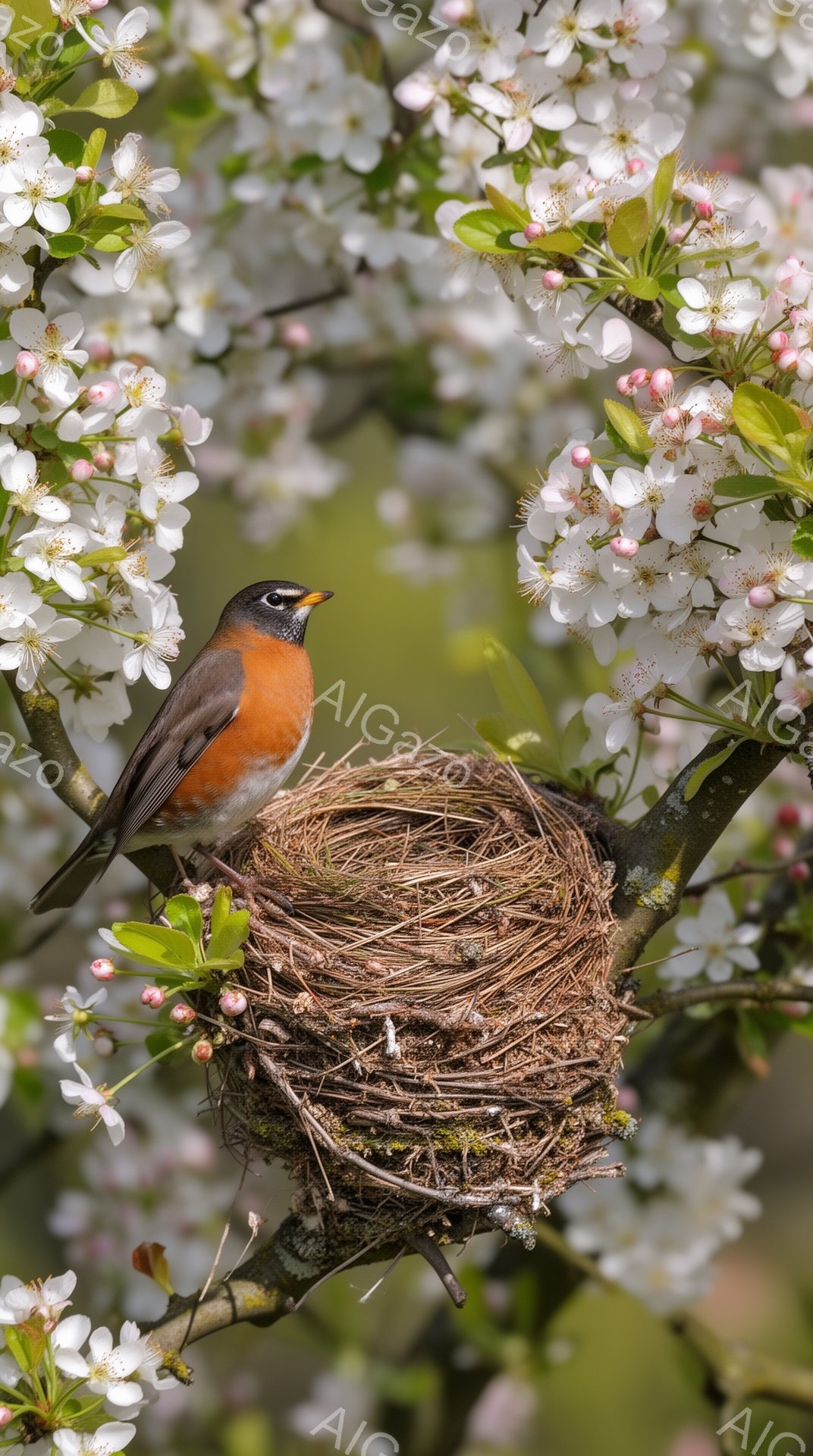 白い花が咲き乱れる枝に、赤胸の鳥が巣に腰掛けている。鳥は警戒心と安堵が入り混じった表情で周囲を見渡しており、春の穏やかな雰囲気を醸し出している。巣は枝にしっかりと固定され、新緑と花びらが鳥の巣を優しく - AI生成フリー素材