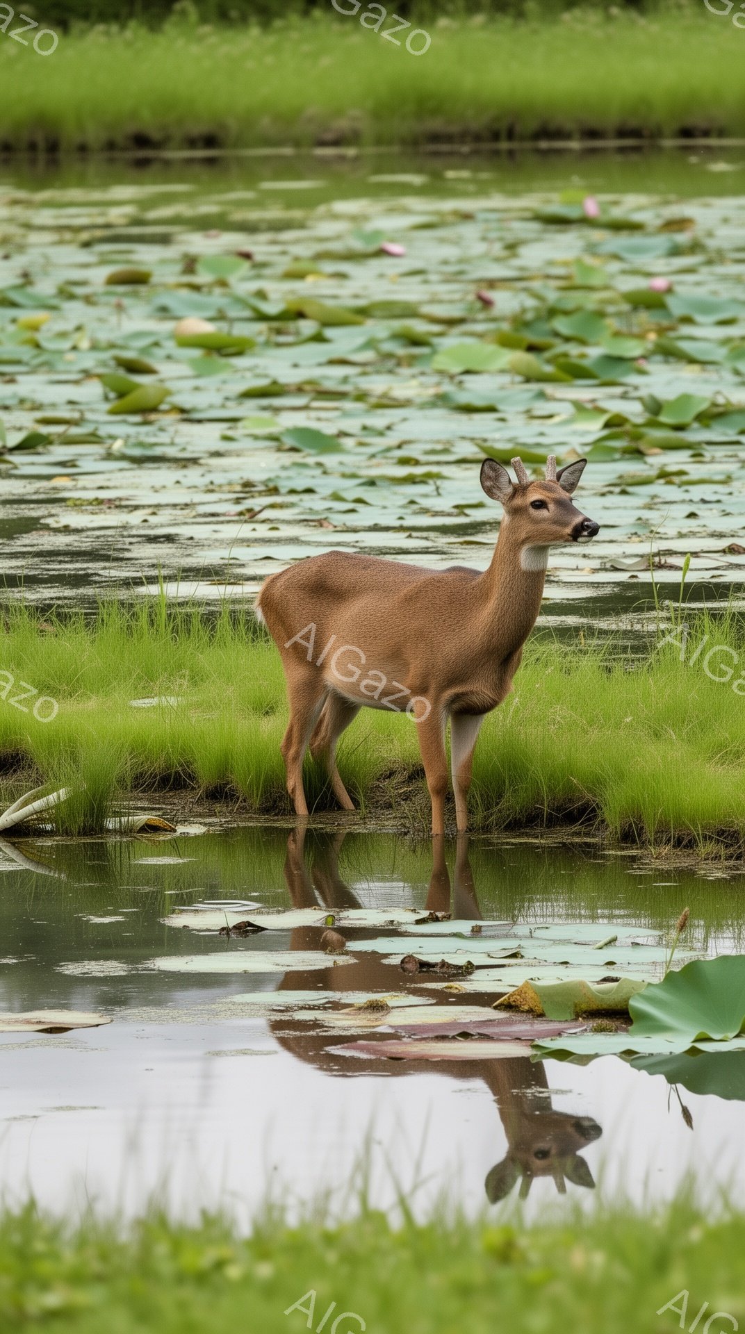湿地の中でシカが立っている。周りには緑の蓮の葉が浮かび、水面にはシカの姿が映り込んでいる。穏やかな雰囲気で、自然の静けさが感じられる。 - AI生成フリー素材