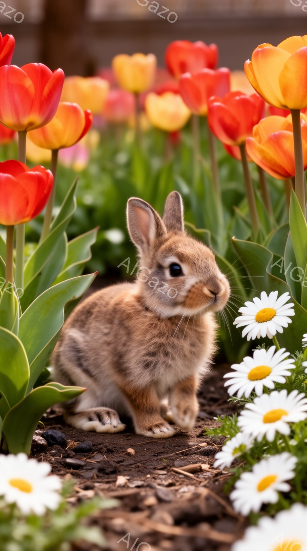 暖かく日当たりの良い庭で、小さな茶色のウサギが花壇に座っています。周囲には、鮮やかなオレンジと白のチューリップとデイジーが咲き誇り、愛らしい姿を際立たせています。ウサギは前足を揃え、好奇心と警戒心を持 - AI生成フリー素材