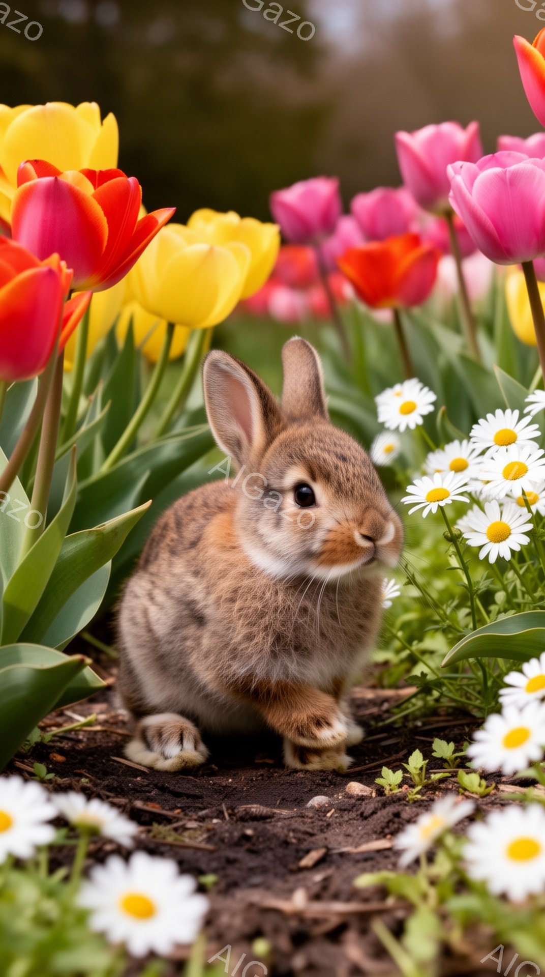 可愛らしい子ウサギが、色とりどりのチューリップとデイジーに囲まれた花壇の中にいます。ウサギは前足を揃え、少し不安げな表情でこちらを見ています。春らしい暖かく穏やかな雰囲気です。 - AI生成フリー素材