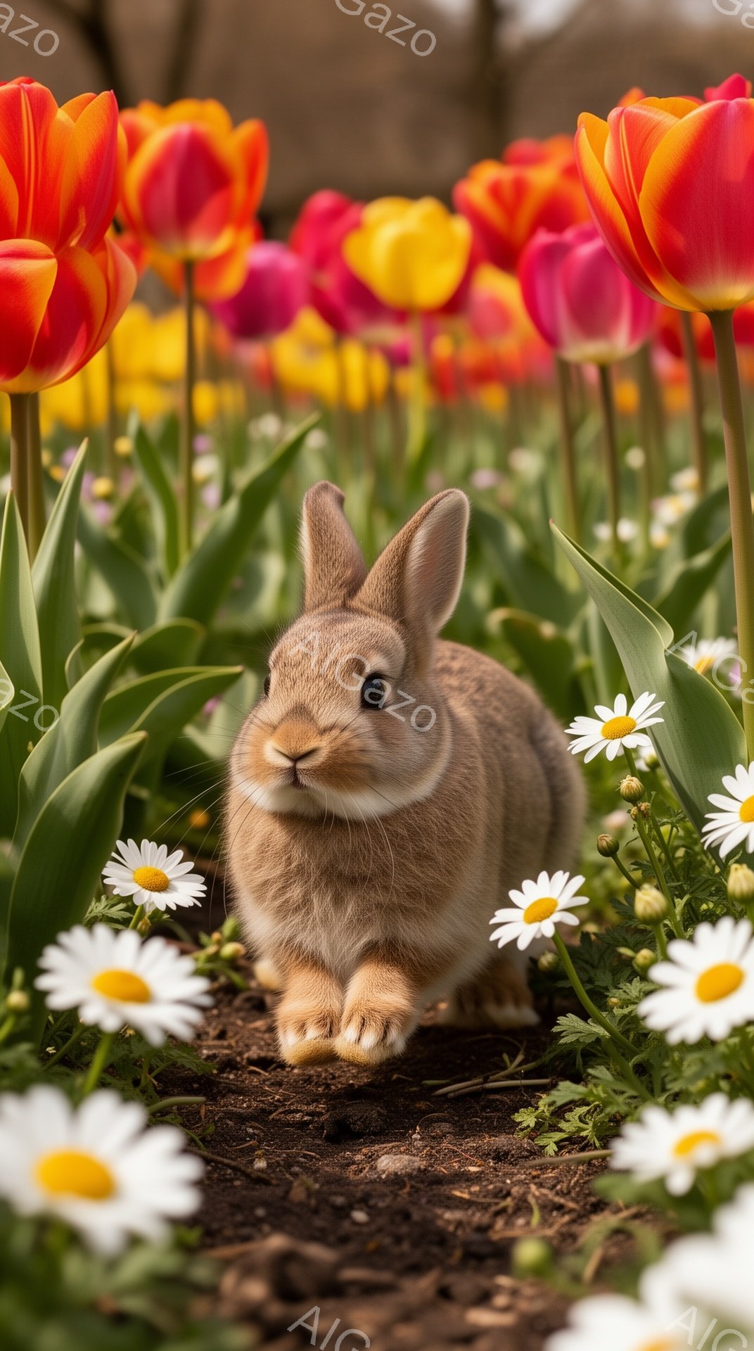 可愛らしい茶色のウサギが、色とりどりのチューリップとデイジーの中にちょこんと座っています。ウサギは前足をそろえて、何かをじっと見つめており、穏やかで春らしい雰囲気が漂います。背景はぼかされており、ウサ - AI生成フリー素材