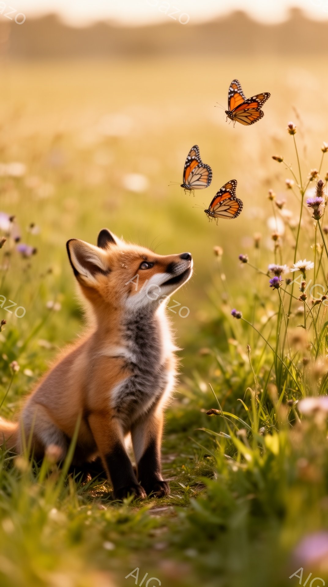 広々とした緑の草原に、小さなキツネが座っています。鮮やかなオレンジ色の毛並みと好奇心に満ちた表情が特徴的で、数匹の蝶がキツネの周りを舞っています。背景は柔らかい光に包まれ、温かく穏やかな雰囲気を醸し出しています。