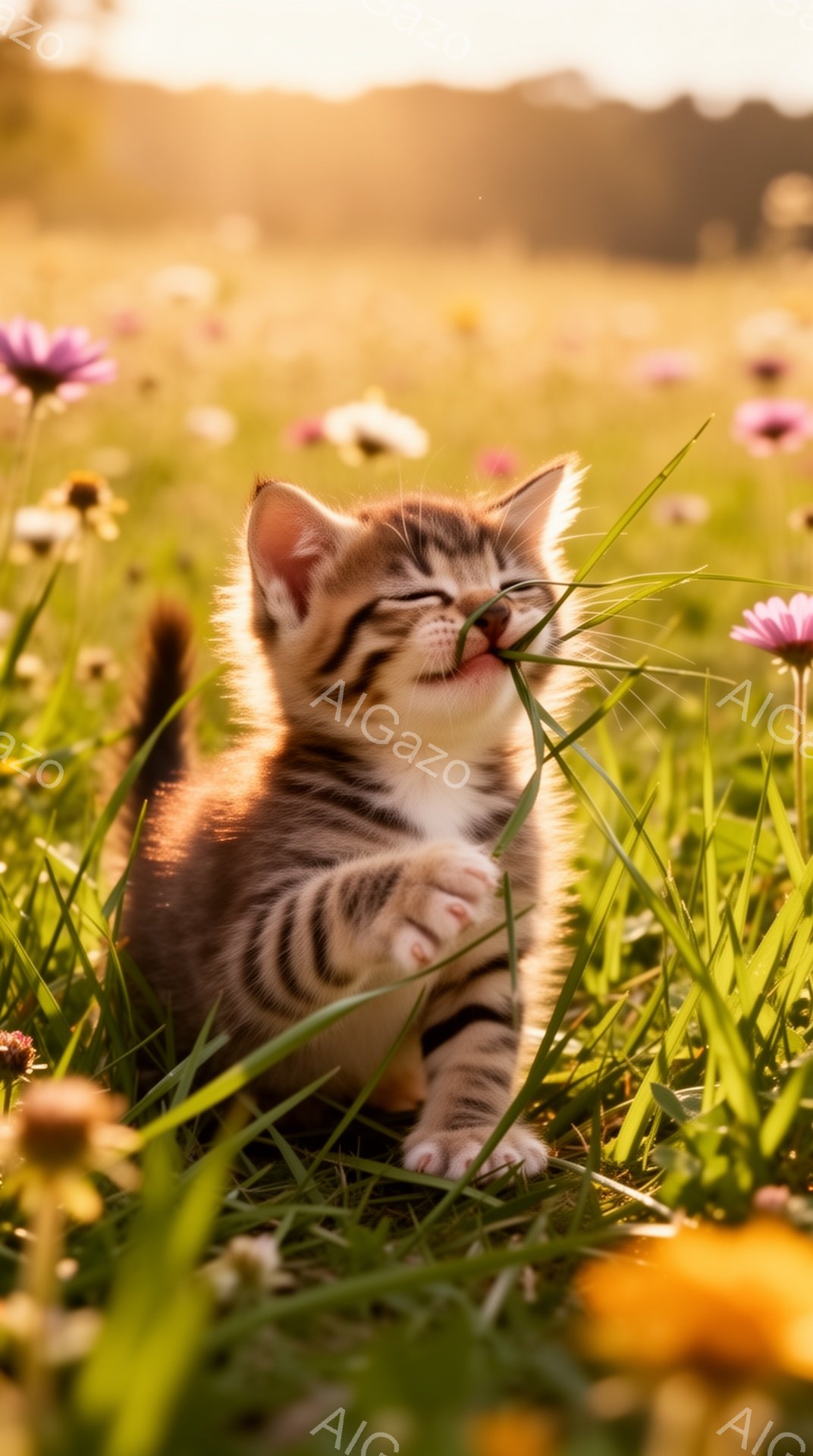 草原の中で子猫が遊んでいます。鮮やかな緑の草と花々に囲まれ、子猫は前足を上げて何かを掴もうとしています。夕暮れの柔らかい光が、温かく優しい雰囲気を醸し出しています。