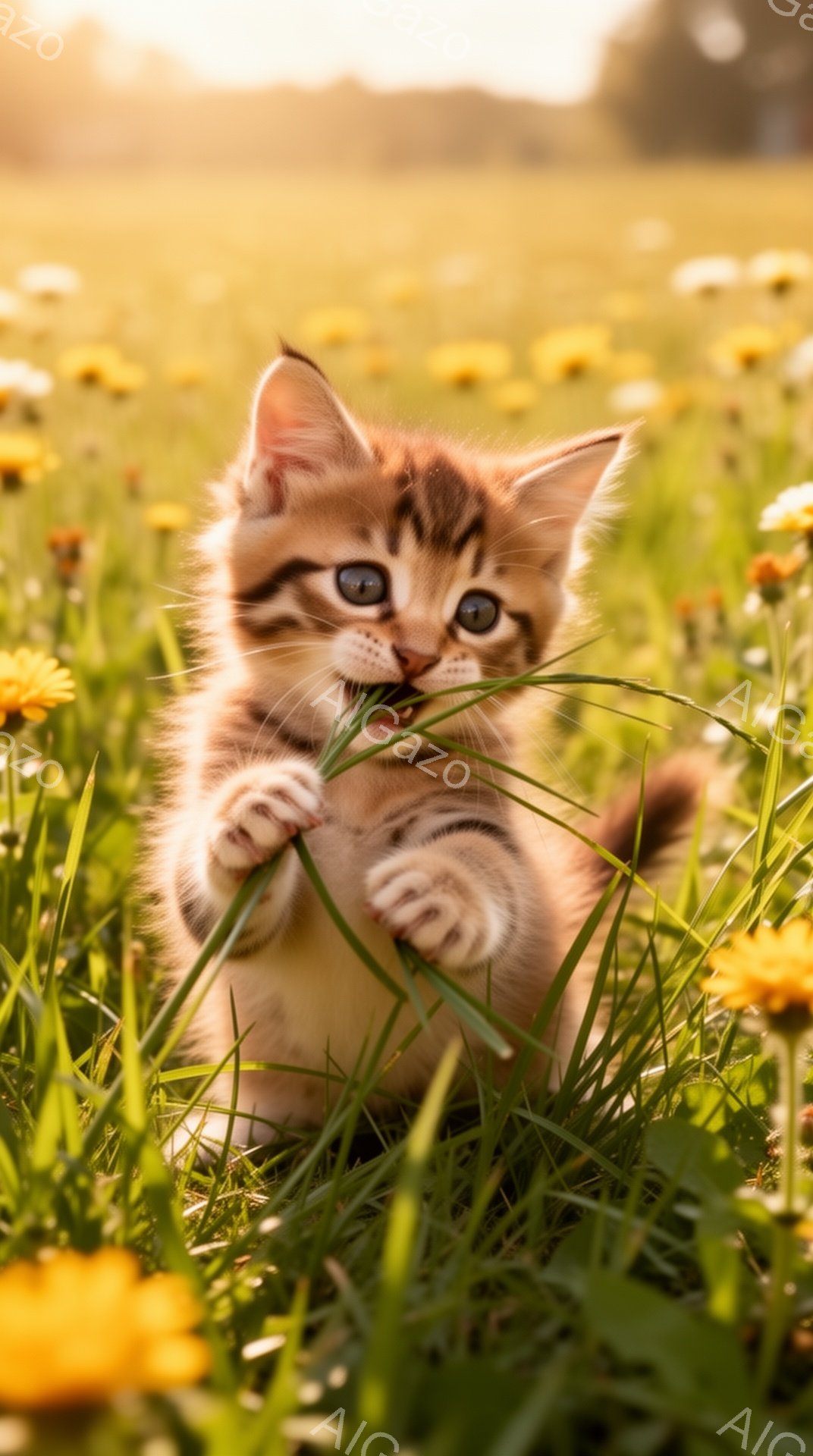 小さなキジトラの子猫が緑の草むらの中で遊び、前足で草を掴んでいます。背景には黄色い花が咲き乱れ、柔らかな光が差し込んで温かい雰囲気を醸し出しています。子猫は好奇心旺盛な表情で、可愛らしい姿を見せています。