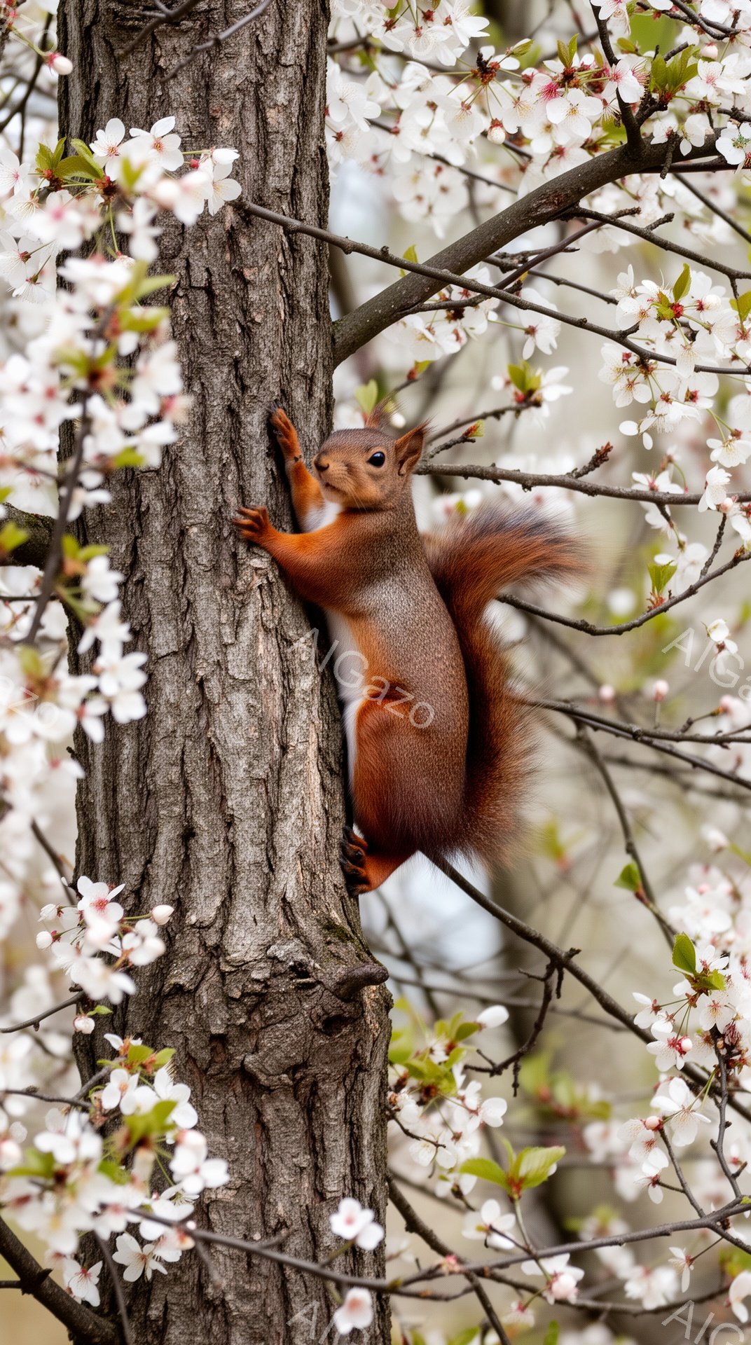 赤い毛並みのリスが桜の木の幹に登っています。桜の花びらが周りを彩り、春の訪れを感じさせる暖かい雰囲気です。木肌の質感とリスの動きが、自然の生命力を見事に捉えています。 - AI生成フリー素材
