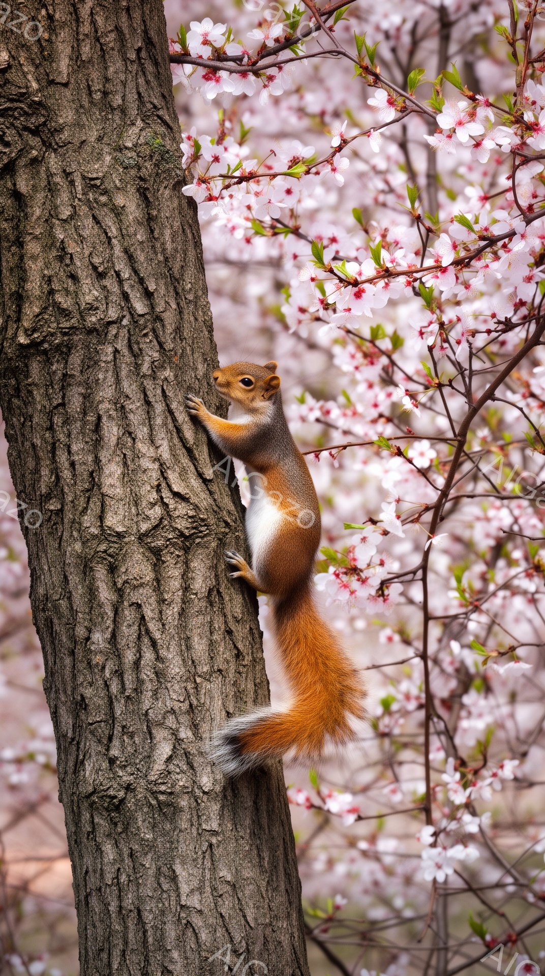 赤い毛並みのリスが、桜の木の幹をよじ登っている。背景には淡いピンク色の桜の花が咲き乱れ、春の暖かさを感じさせる。リスの毛並みと桜の色合いが美しく、穏やかな雰囲気を醸し出している。 - AI生成フリー素材