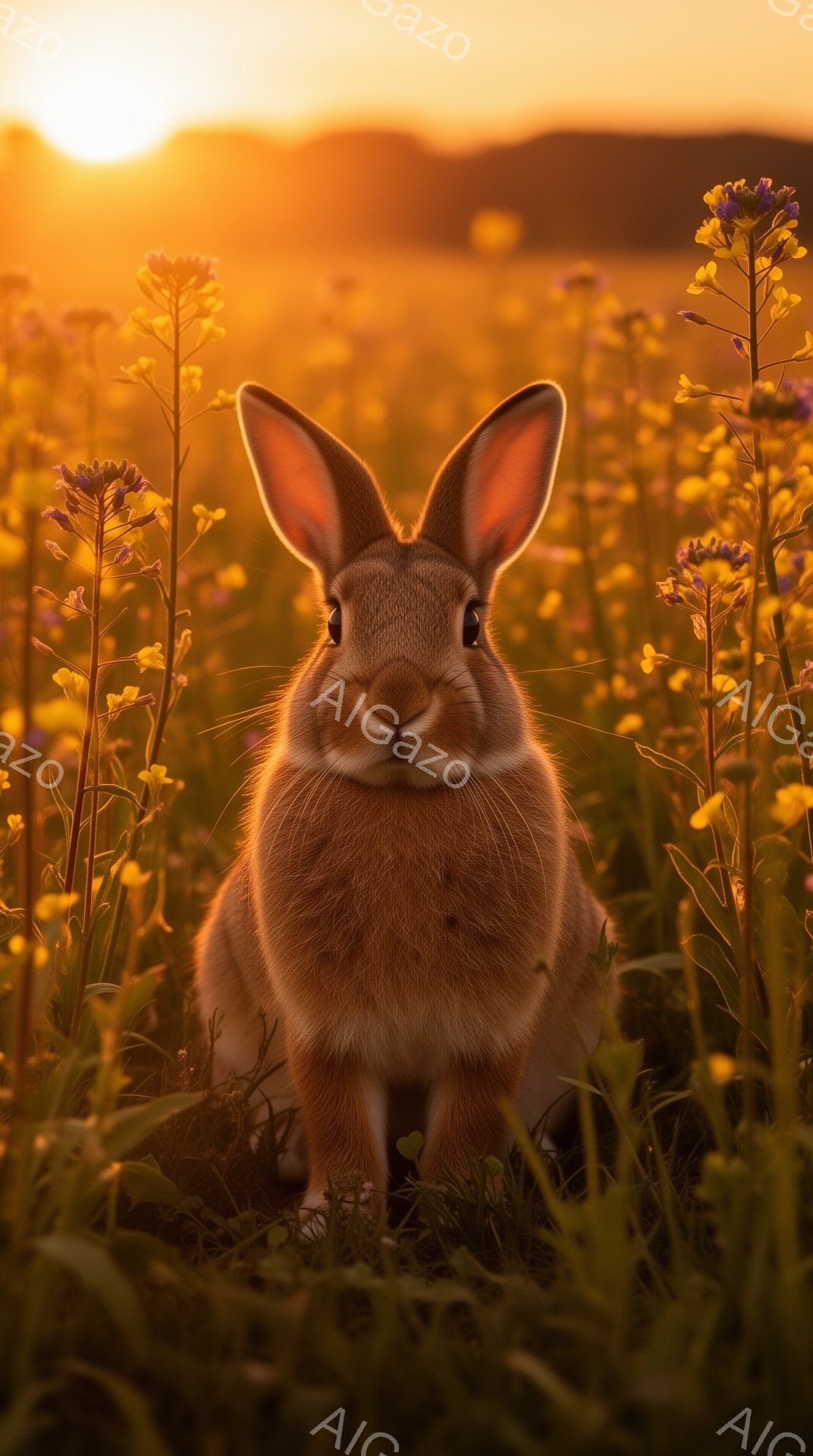 鮮やかな黄色の花畑の中に、可愛らしい茶色のウサギが正面を向いて座っています。夕焼けのような暖かな光がウサギと花々を照らし、穏やかで幻想的な雰囲気を醸し出しています。ウサギの大きな耳とつぶらな瞳が印象的 - AI生成フリー素材