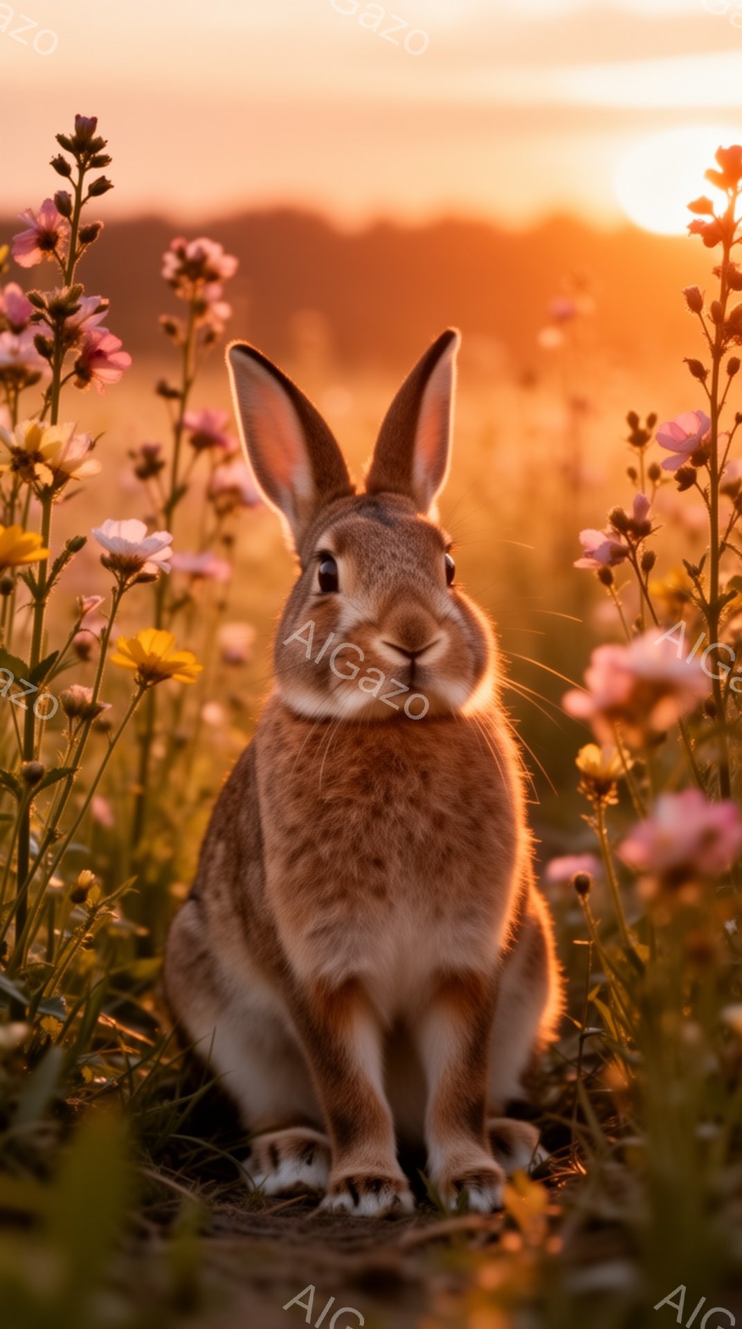 草原で花に囲まれた可愛らしい茶色のウサギがこちらを見ている。夕焼けの光が暖かくウサギを照らし、穏やかで優しい雰囲気を醸し出している。背景にはぼんやりとした緑の丘が見え、自然豊かな風景が広がっている。