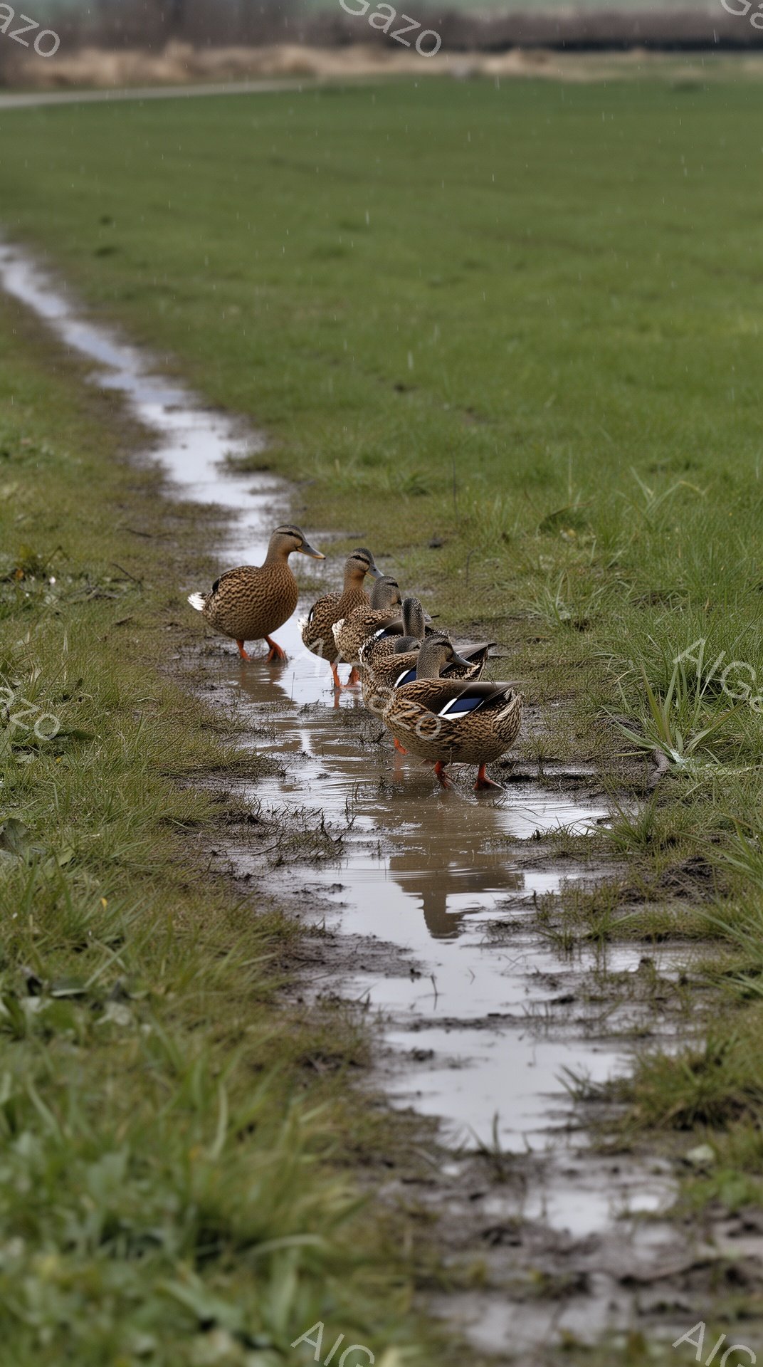 緑の草地の中をアヒルたちが一列に歩いている。地面には水たまりがあり、アヒルたちはその中で水しぶきを上げながら進んでいる。穏やかな雰囲気の自然の風景で、少しどんよりとした空が広がっている。 - AI生成フリー素材