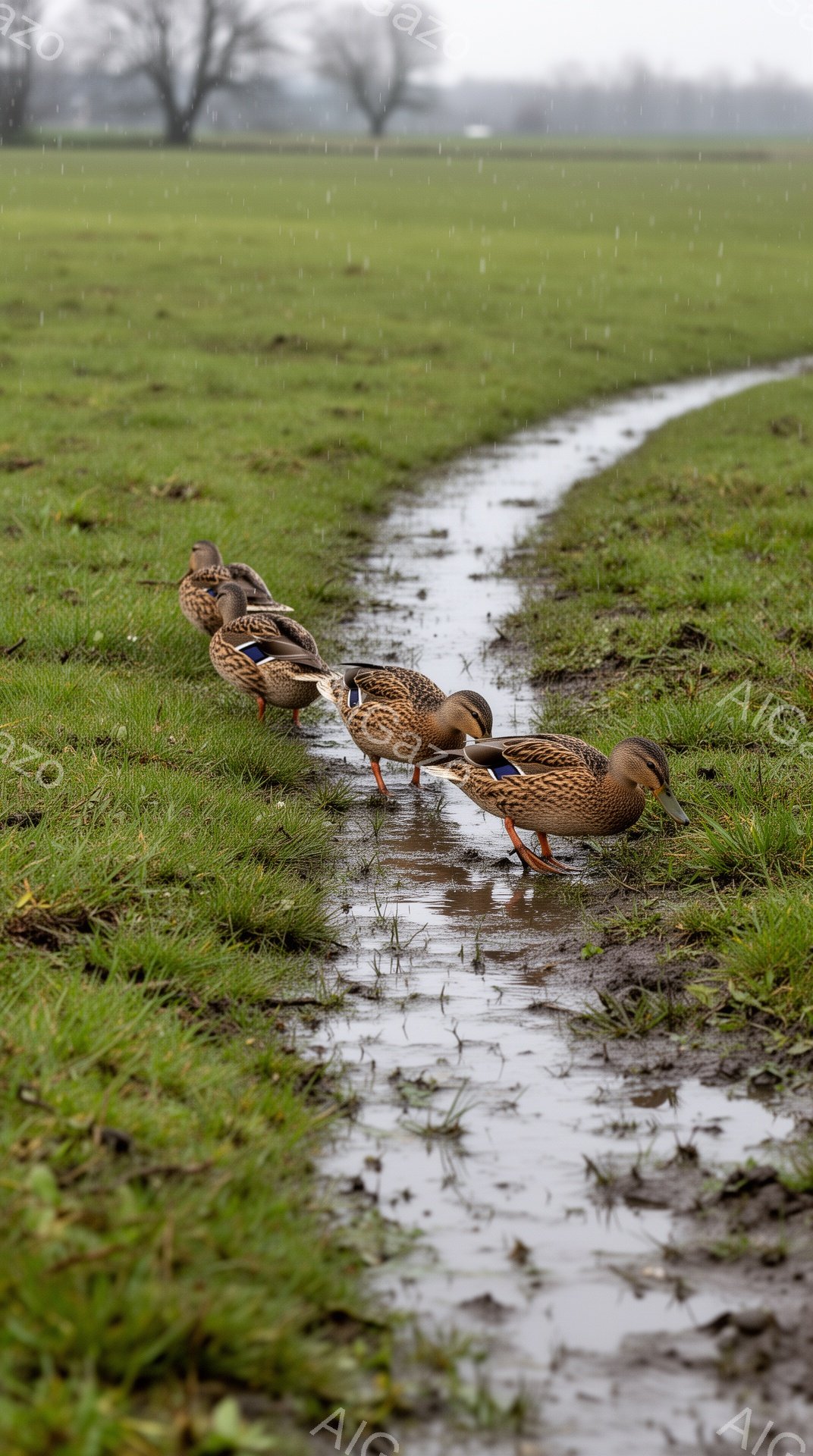 緑の草地を流れる水路に沿って、数羽のアヒルが頭を水に浸けている。背景はぼやけており、雨が降っているか、湿った天候であることがわかる。全体的に穏やかで、自然な雰囲気が漂う。 - AI生成フリー素材
