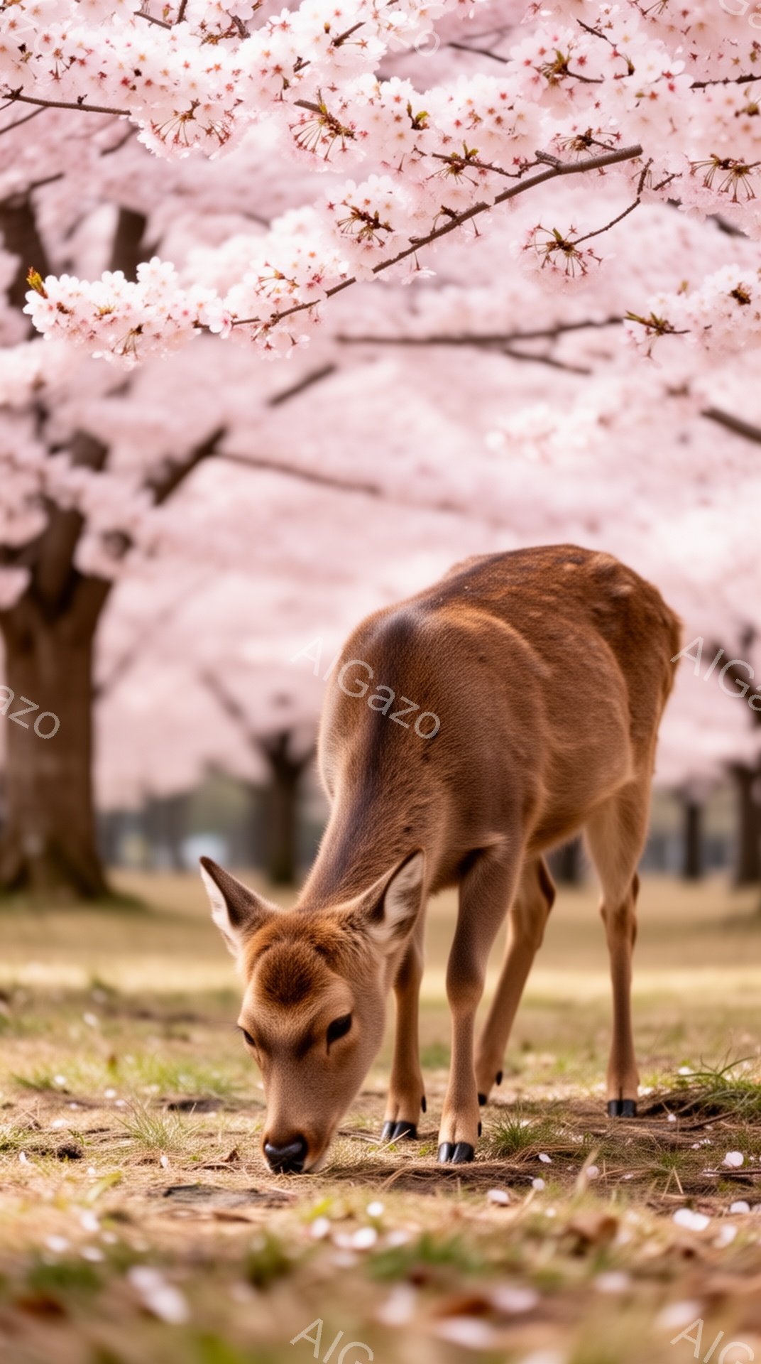 桜並木の下で、鹿が草を食べている。優しい日差しが降り注ぎ、春の穏やかな雰囲気が漂っている。背景にはぼやけた桜の木々と緑の芝生が広がり、美しいコントラストを作り出している。
