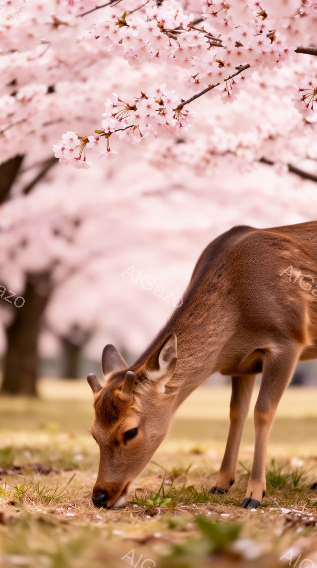 奈良公園で鹿が草を食べている様子が写っている。桜の花びらが舞い散り、柔らかい光が全体を包み込み、春らしい穏やかな雰囲気が漂っている。鹿は落ち着いた様子で、背景の桜と調和している。 - AI生成フリー素材