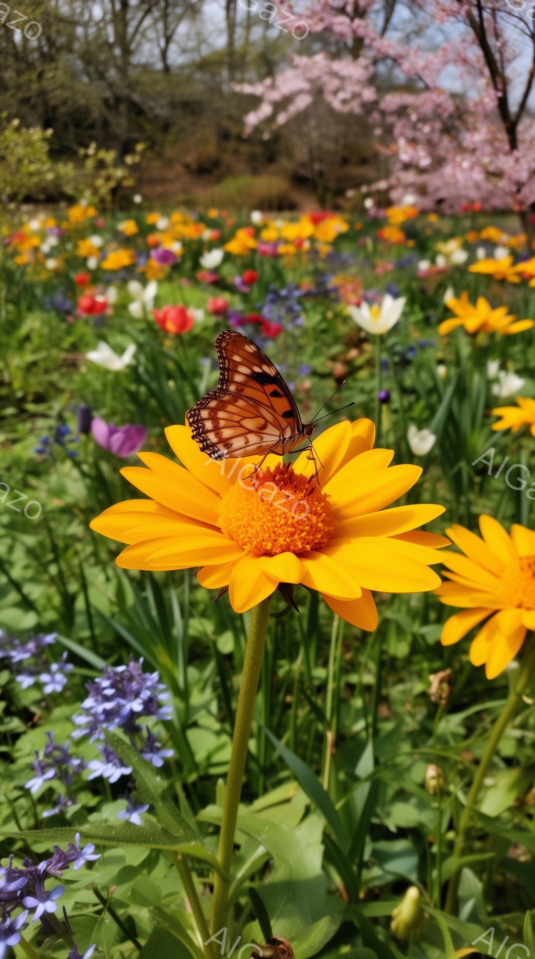 色とりどりの花々が咲き乱れる中で、鮮やかなオレンジ色の花に茶色い蝶がとまっている。背景には桜の木々が見え、春の暖かな日差しを感じさせる。花と蝶、そして桜が調和し、穏やかで美しい風景を作り出している。 - AI生成フリー素材