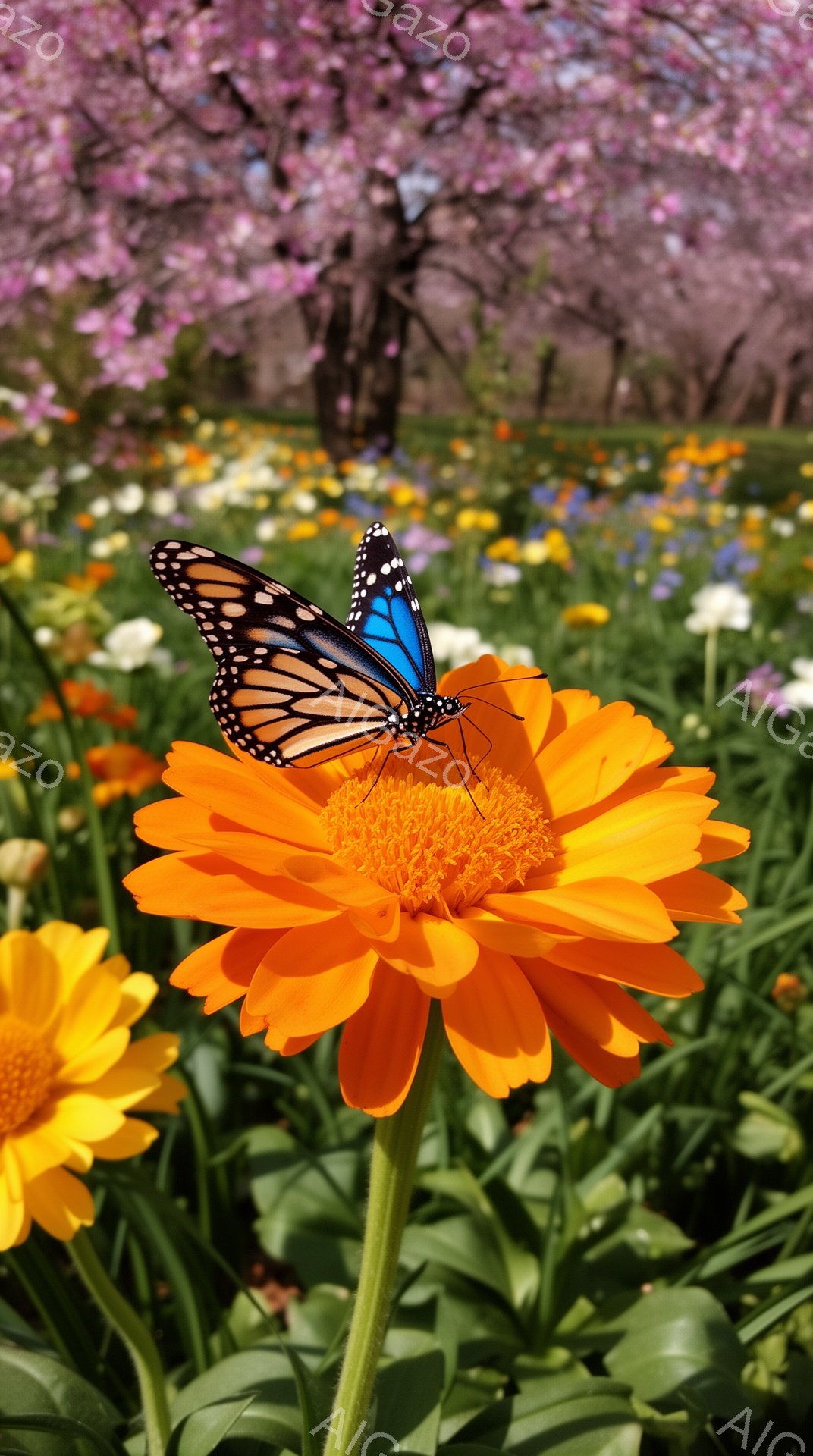 オレンジ色の花に、鮮やかな青い模様の蝶がとまっている。背景には、ピンク色の桜並木と様々な色の花が咲き乱れ、春の暖かく穏やかな雰囲気が感じられる。この光景は、自然の美しさと生命力を表現している。 - AI生成フリー素材