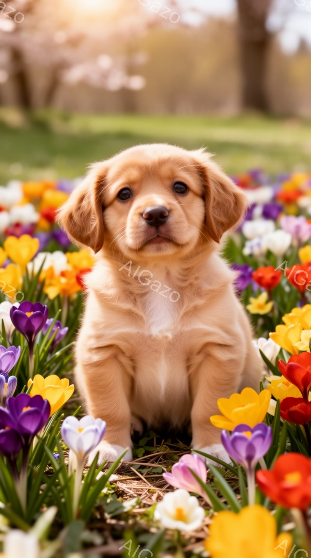 明るい日差しの中で、子犬が色とりどりの花に囲まれています。子犬は茶色い毛並みで、好奇心いっぱいの表情で正面を見ています。春の暖かさと生命力に満ちた、可愛らしい光景です。 - AI生成フリー素材