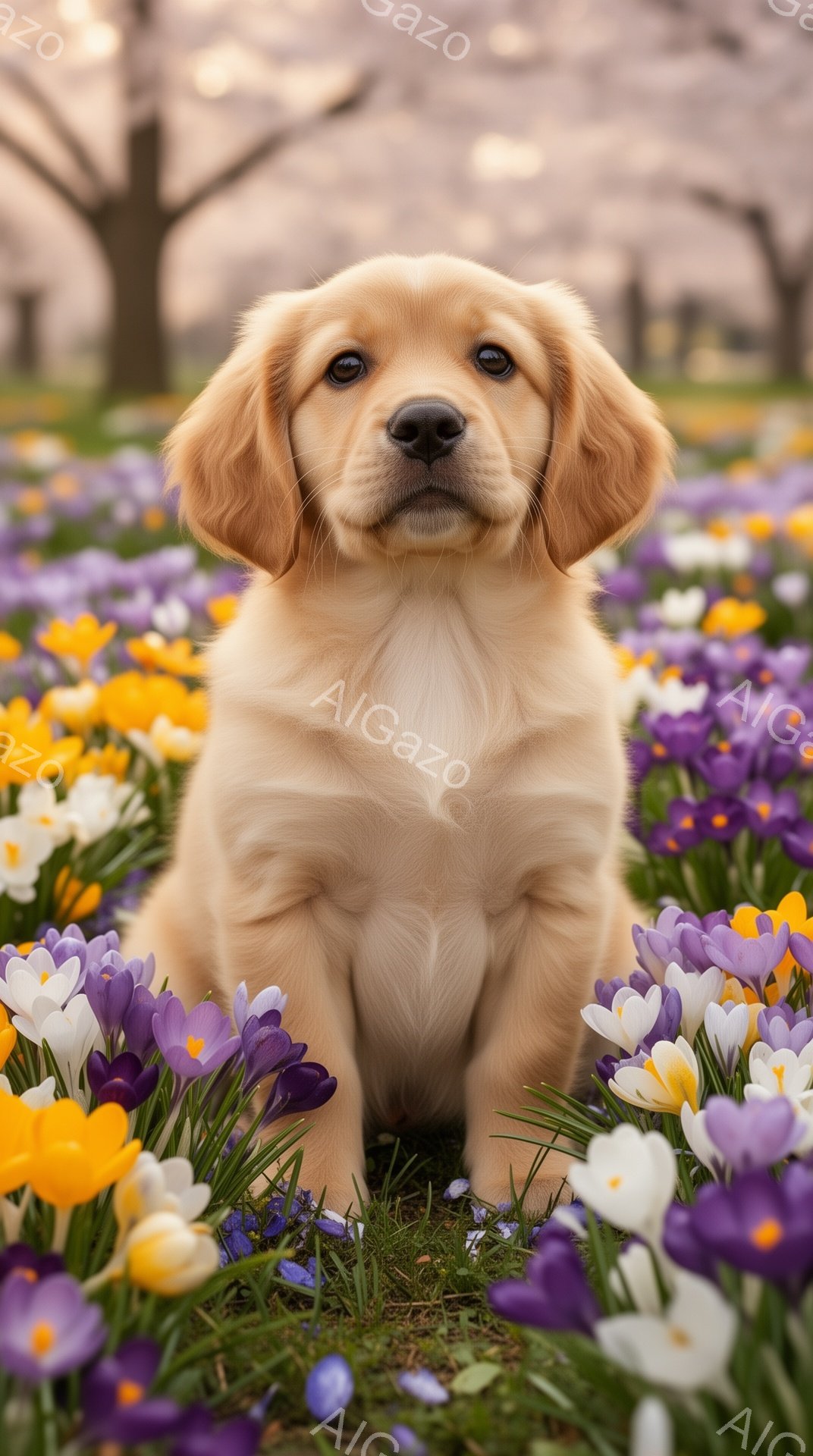 鮮やかな紫と黄色の花に囲まれた、小さなゴールデンレトリバーの子犬が座っています。子犬はカメラの方を見て、少し上目遣いで、とても可愛らしい表情をしています。背景には、ぼやけた桜の木が見え、春の穏やかな雰 - AI生成フリー素材